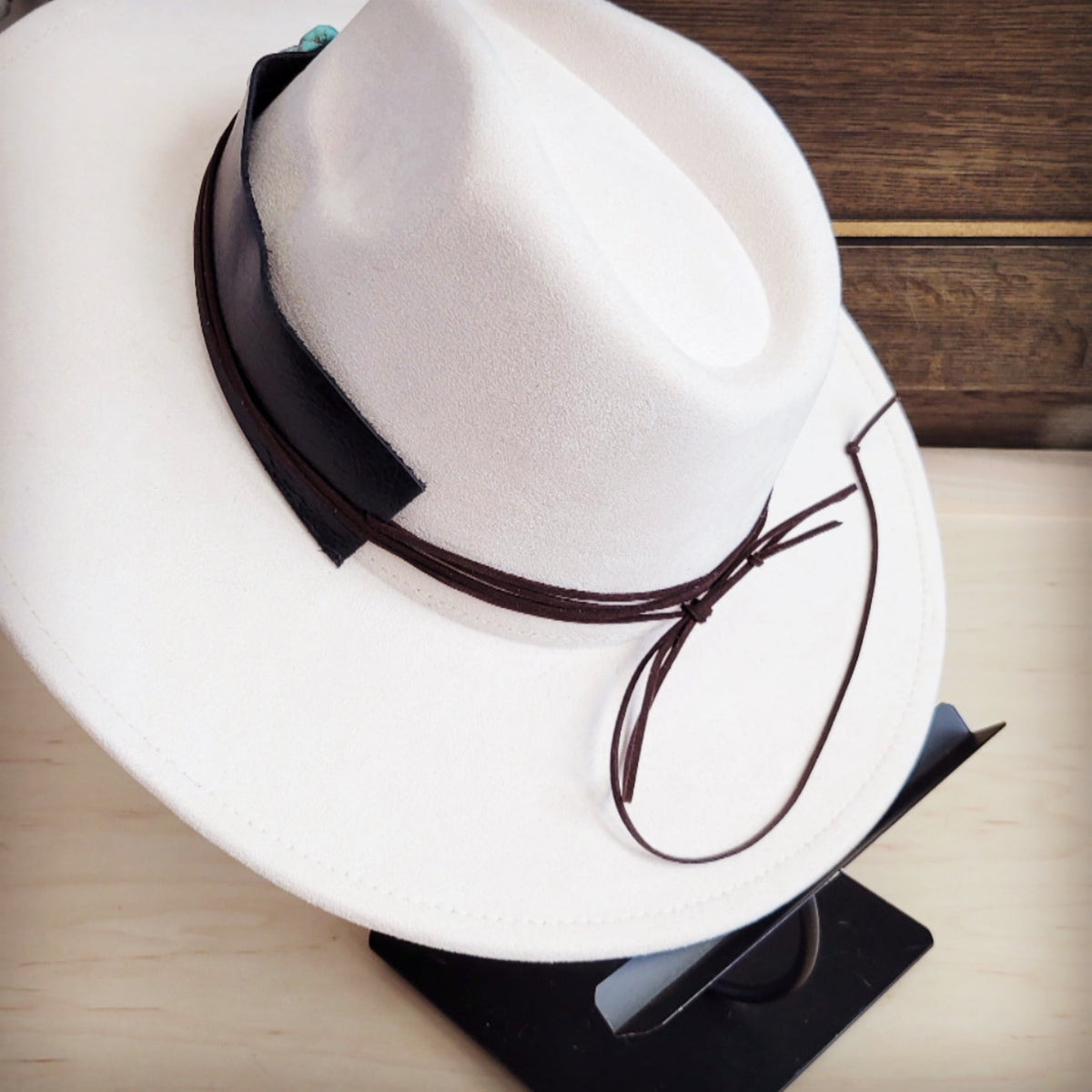 Black leather hat band with a turquoise-look slab, additional view