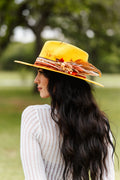 Yellow merino wool rancher hat with dried florals and hand burning