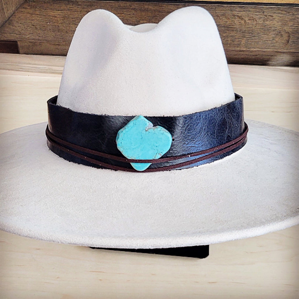 Black leather hat band with a turquoise-look slab