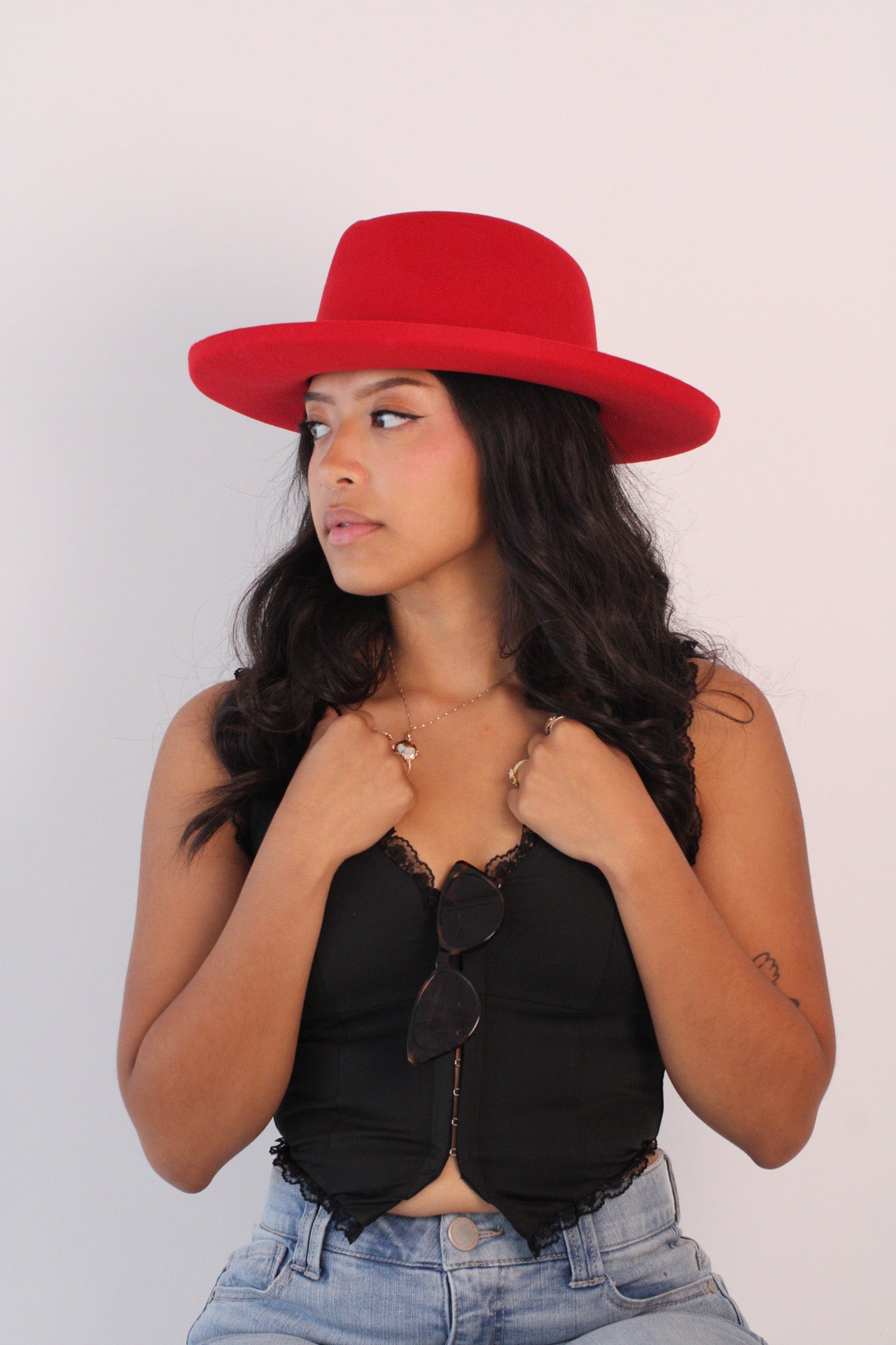 Cherry red Harper wool felt pencil brim hat