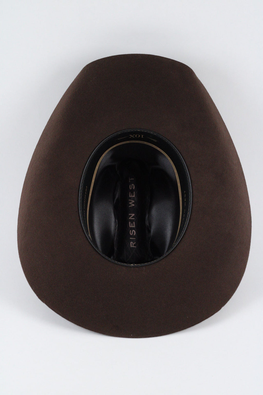 Underside of the chocolate brown Wren cowboy hat showing the brim, sweatband and satin lining
