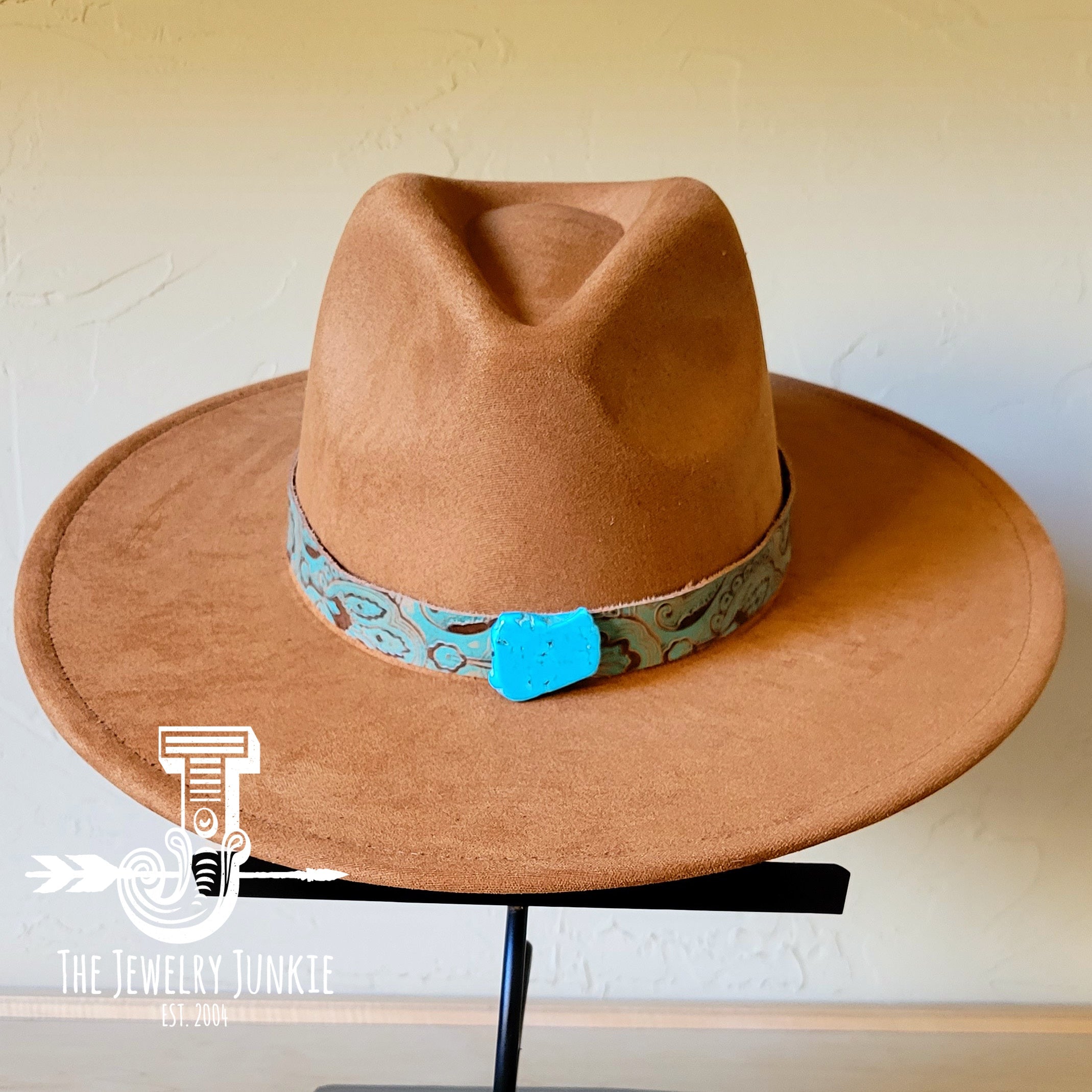 Napolis tooled leather hat band with a turquoise slab