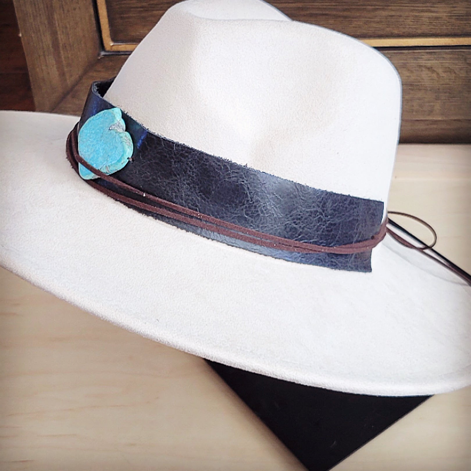 Black leather hat band with a turquoise-look slab, additional view
