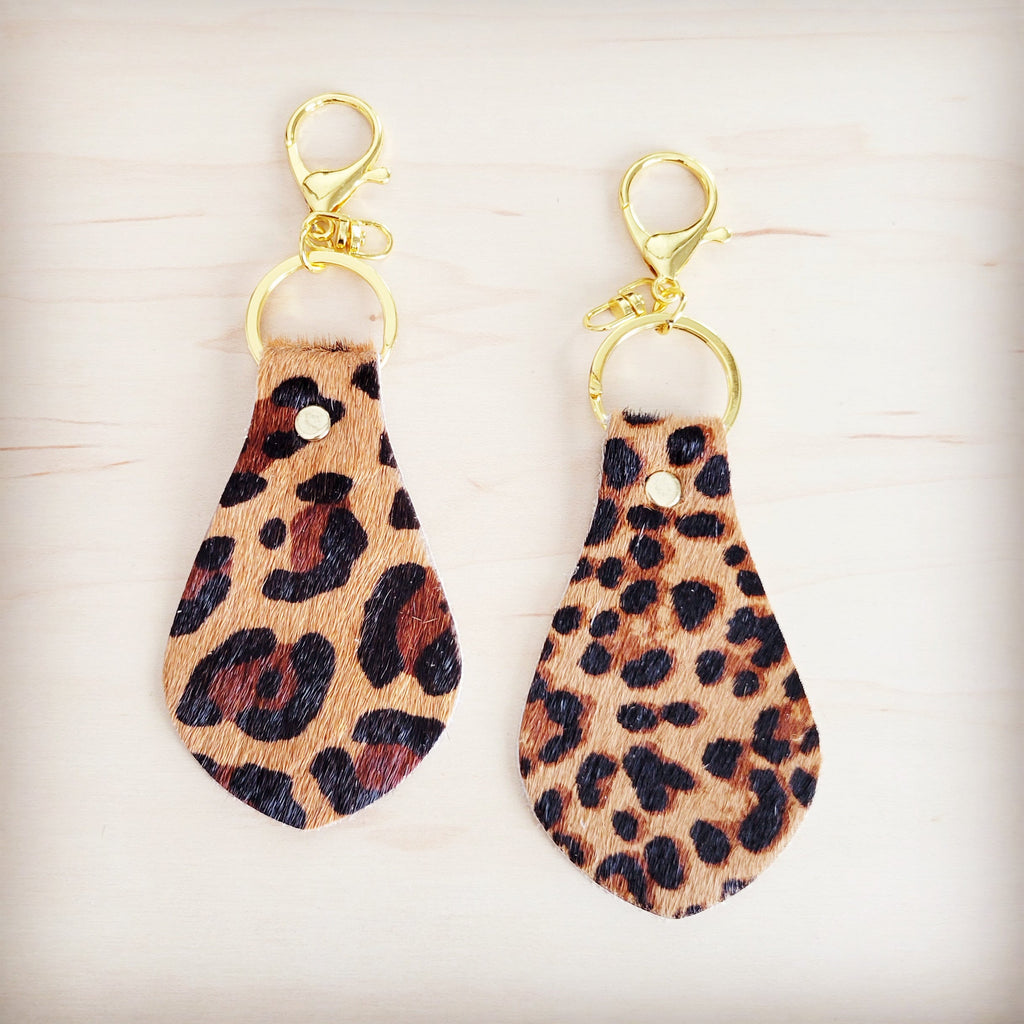 Back of the leopard hair-on-hide leather key chain showing the leather backing