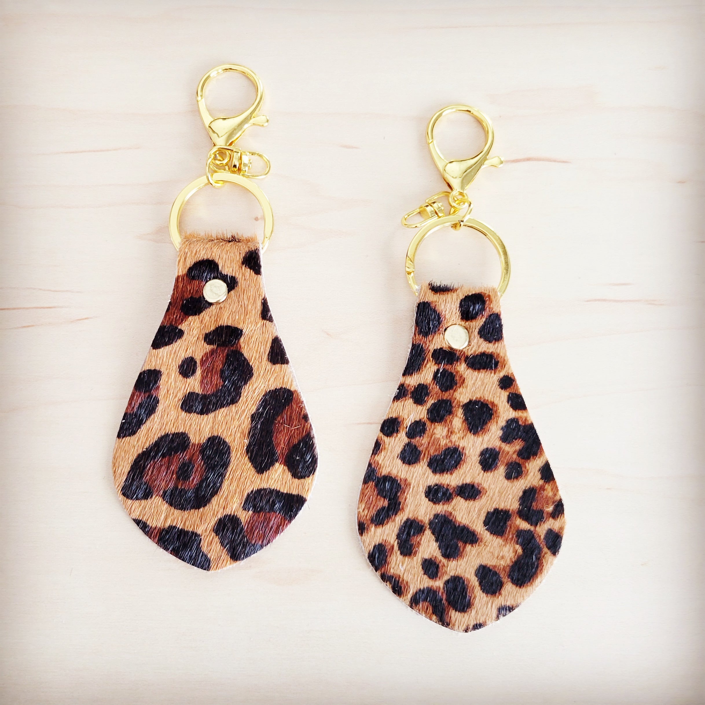 Back of the leopard hair-on-hide leather key chain showing the leather backing