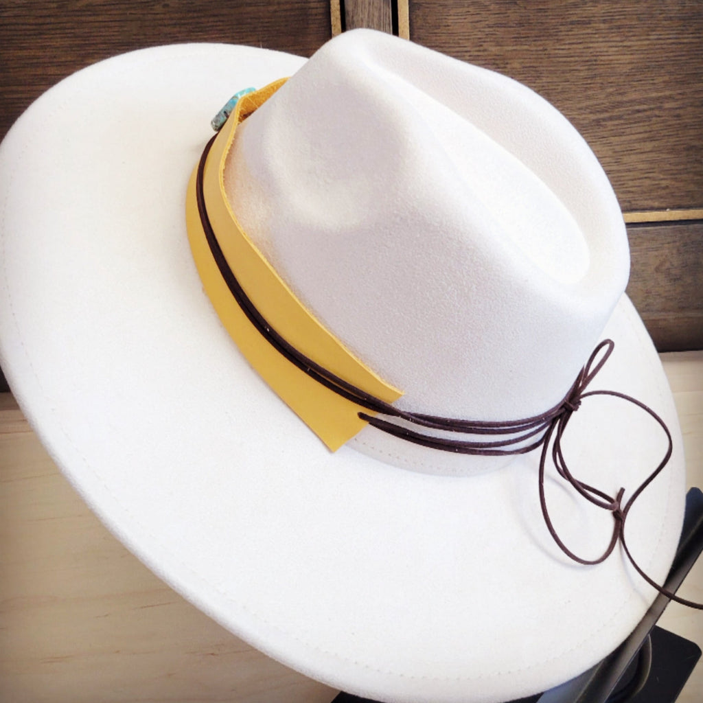 Mustard leather hat band with a turquoise-look slab, additional view