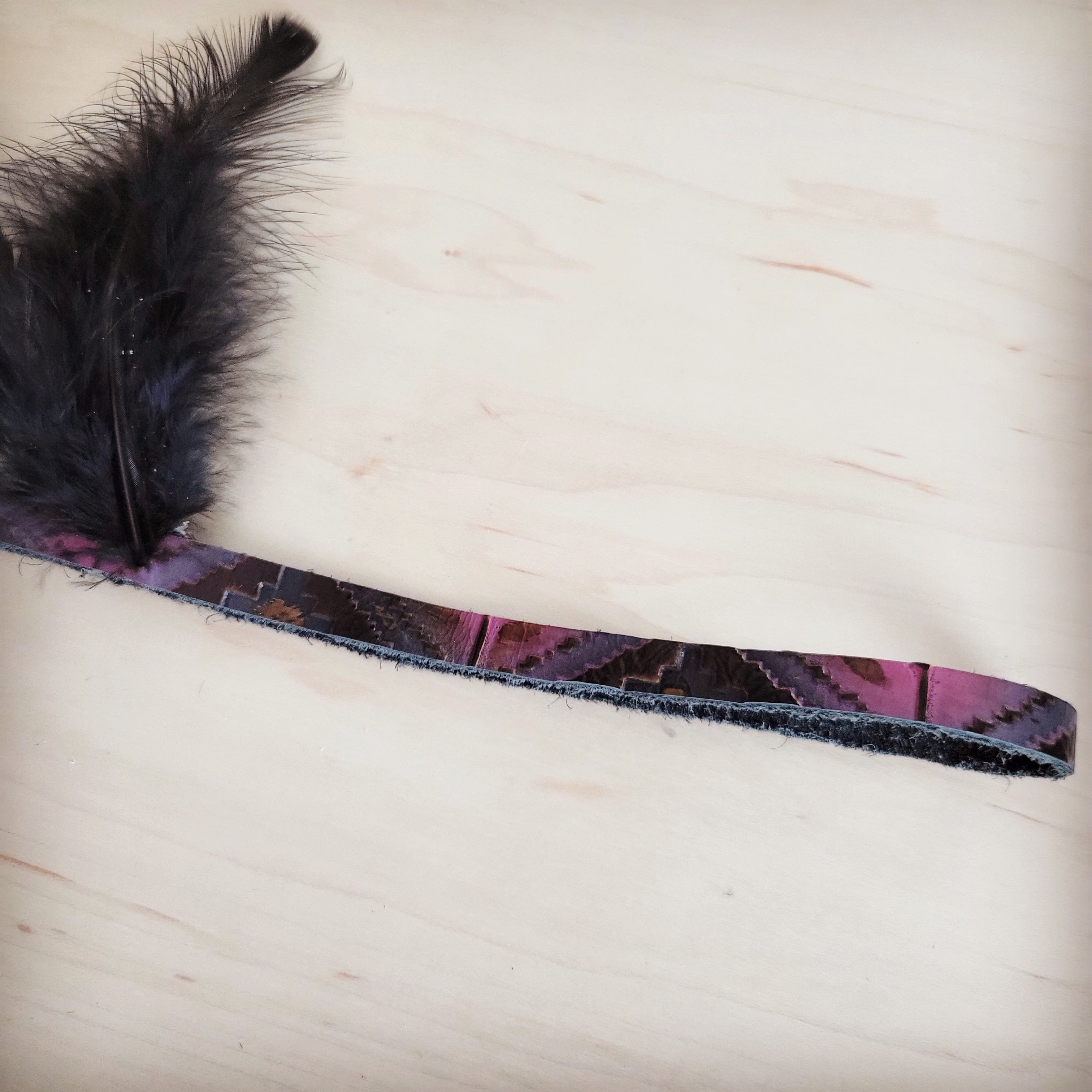 Magenta Navajo Genuine Leather Hat Band with Black Feathers