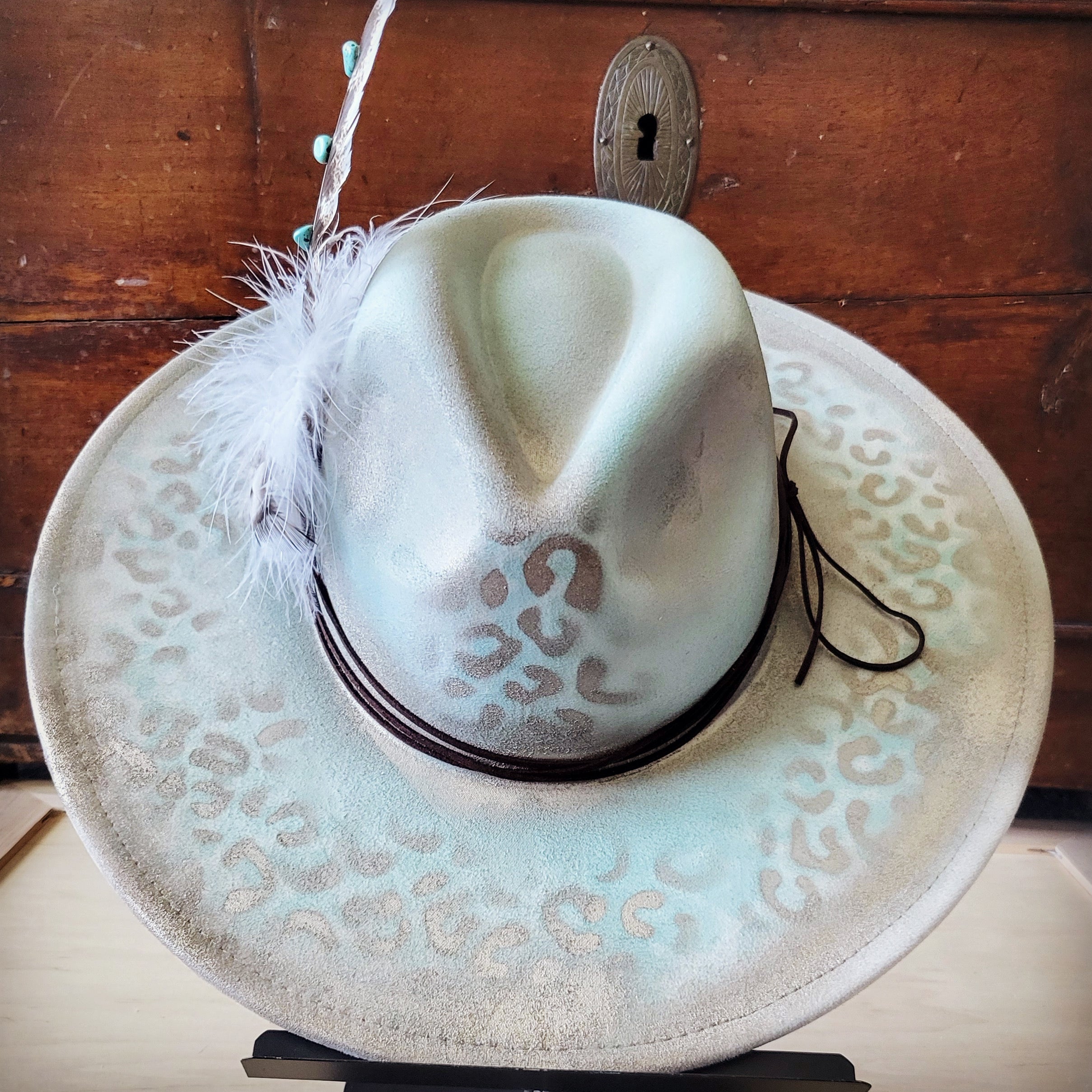 Hand-Painted Leopard Boho Western Cowgirl Hat and Band in Mint