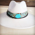 Turquoise and brown floral tooled leather hat band with a slab, additional view