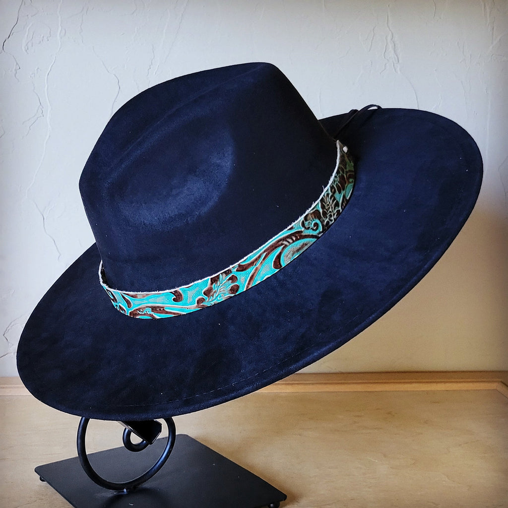 Turquoise cowboy embossed leather hat band, additional view, view 2