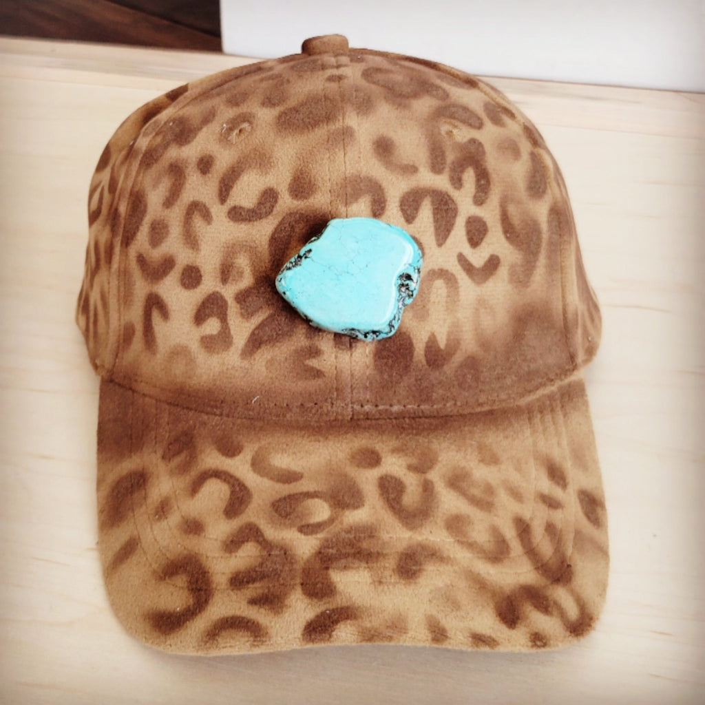 Hand-Painted Leopard Suede Baseball Cap in Tan with Turquoise
