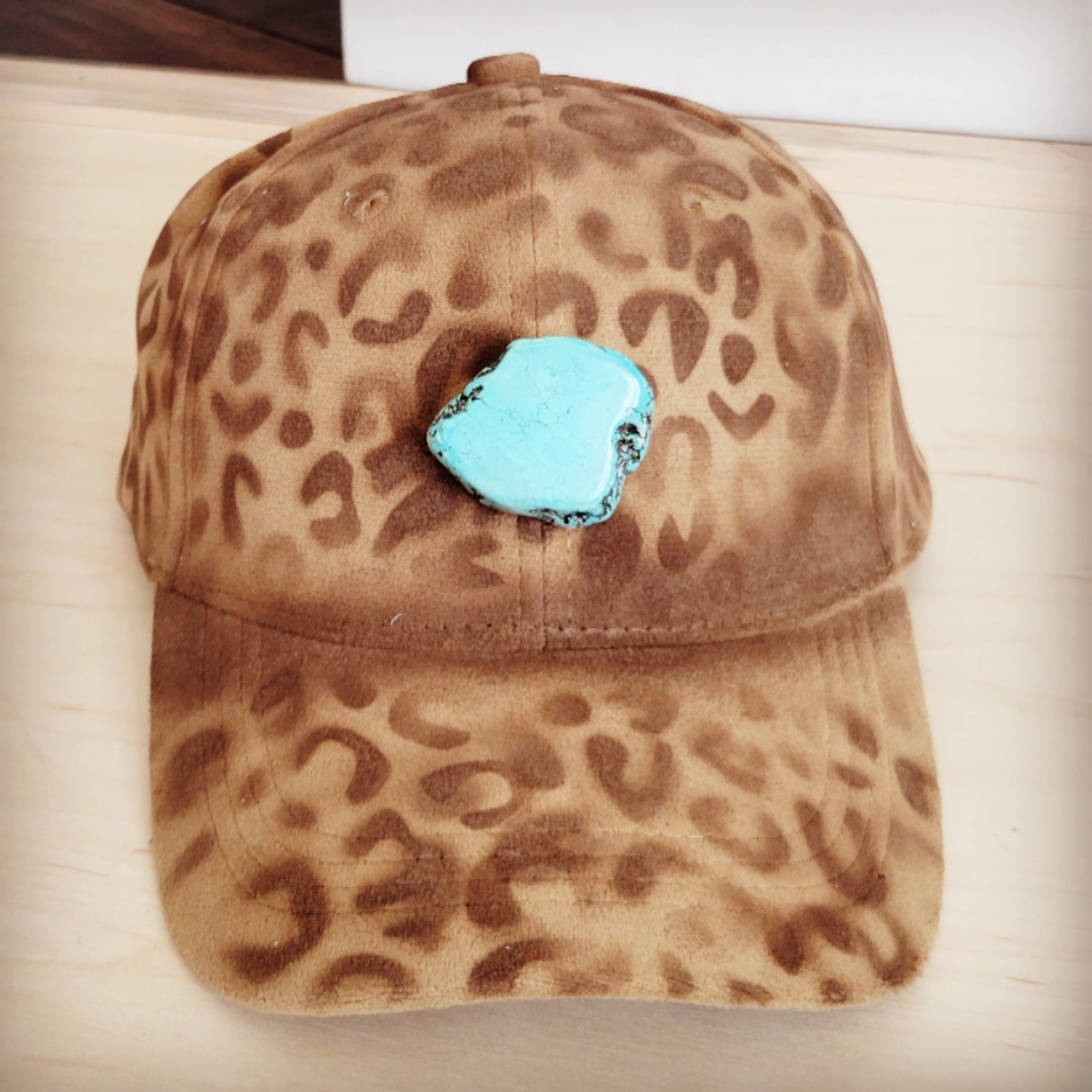 Hand-Painted Leopard Suede Baseball Cap in Tan with Turquoise