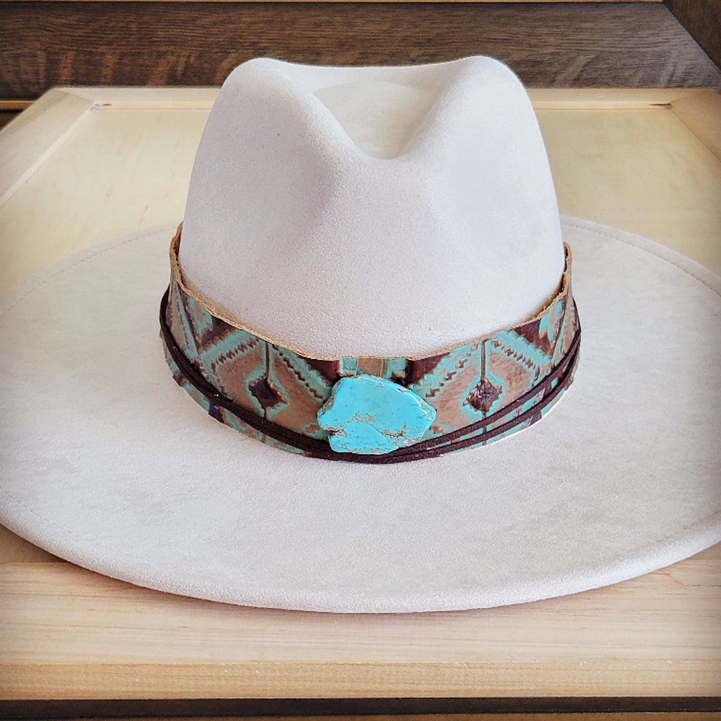 Southwest print tooled leather hat band with a turquoise-look slab, additional view