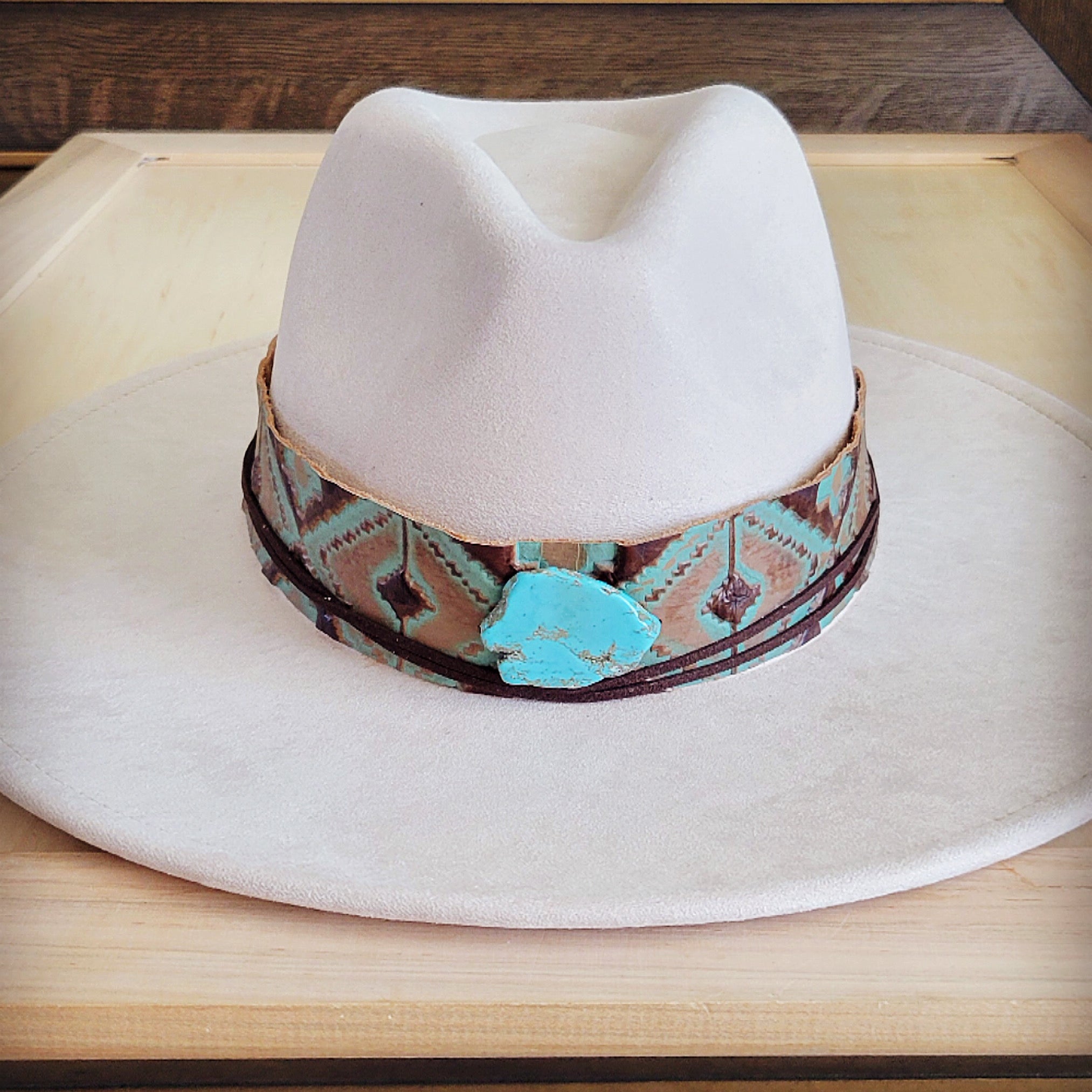 Southwest print tooled leather hat band with a turquoise-look slab, additional view