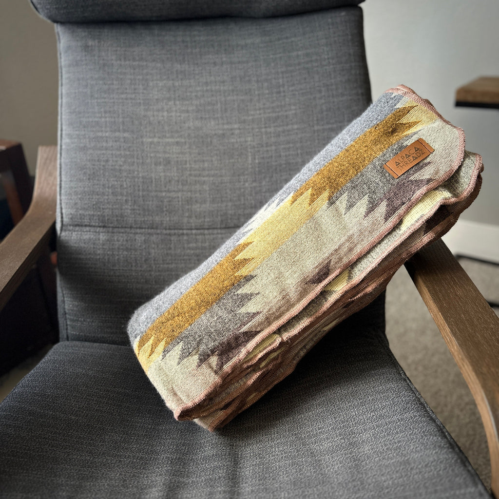 Heathered grey and tan with center diamond alpaca blanket, view 4