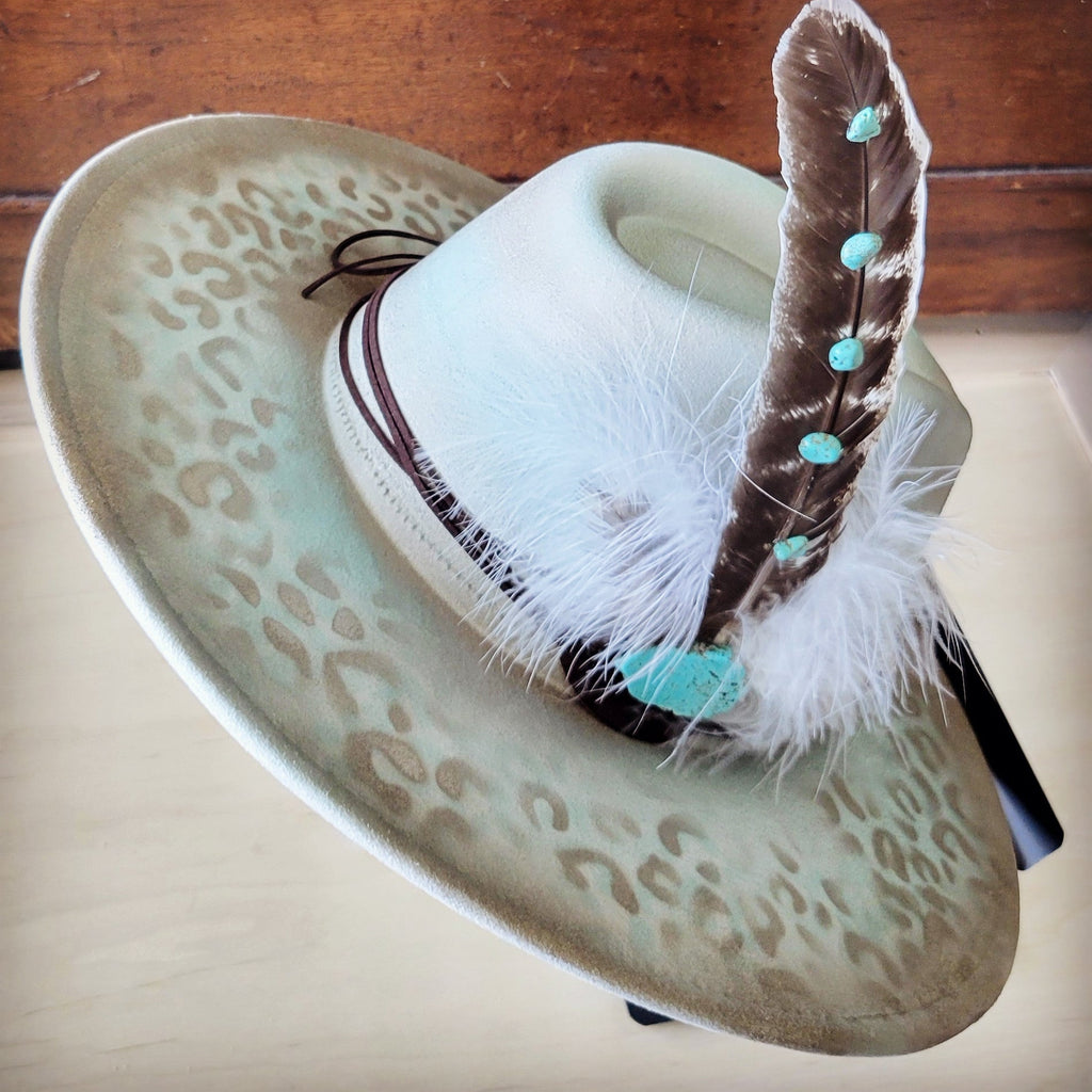 Hand-Painted Leopard Boho Western Cowgirl Hat and Band in Mint