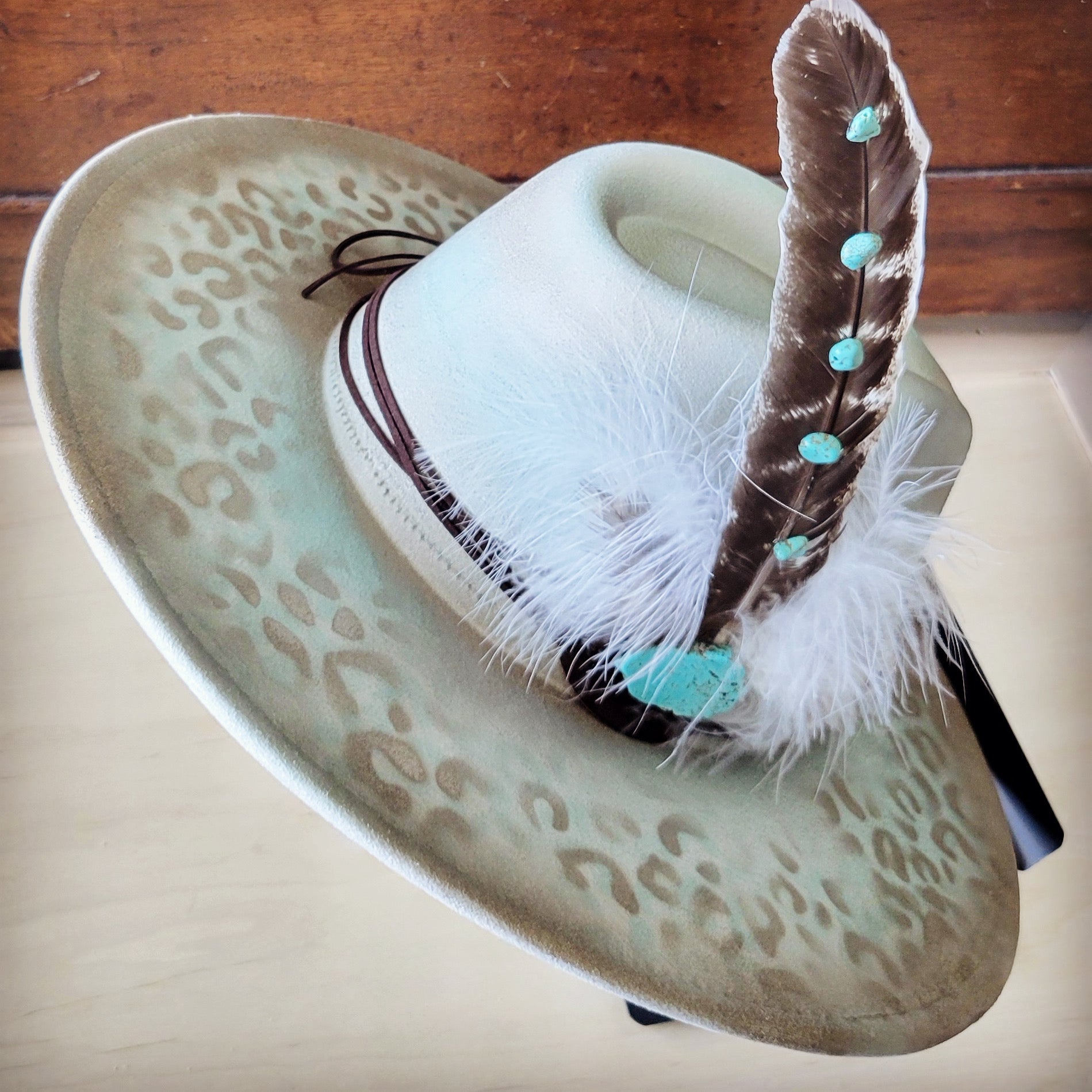 Hand-Painted Leopard Boho Western Cowgirl Hat and Band in Mint