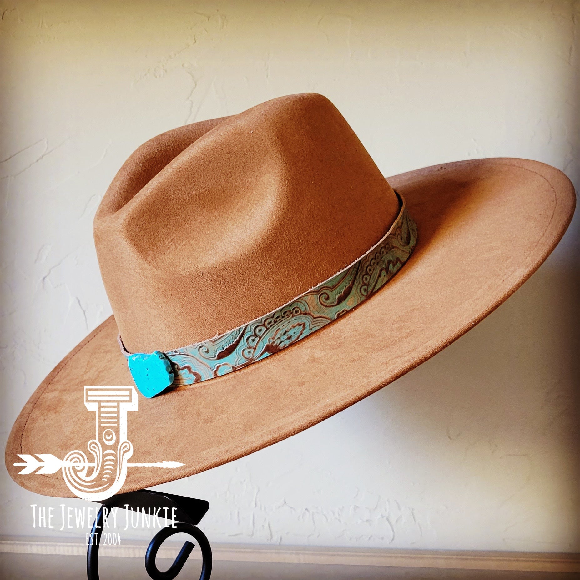Napolis Turquoise and Brown Embossed Leather Hat Band with Turquoise Slab