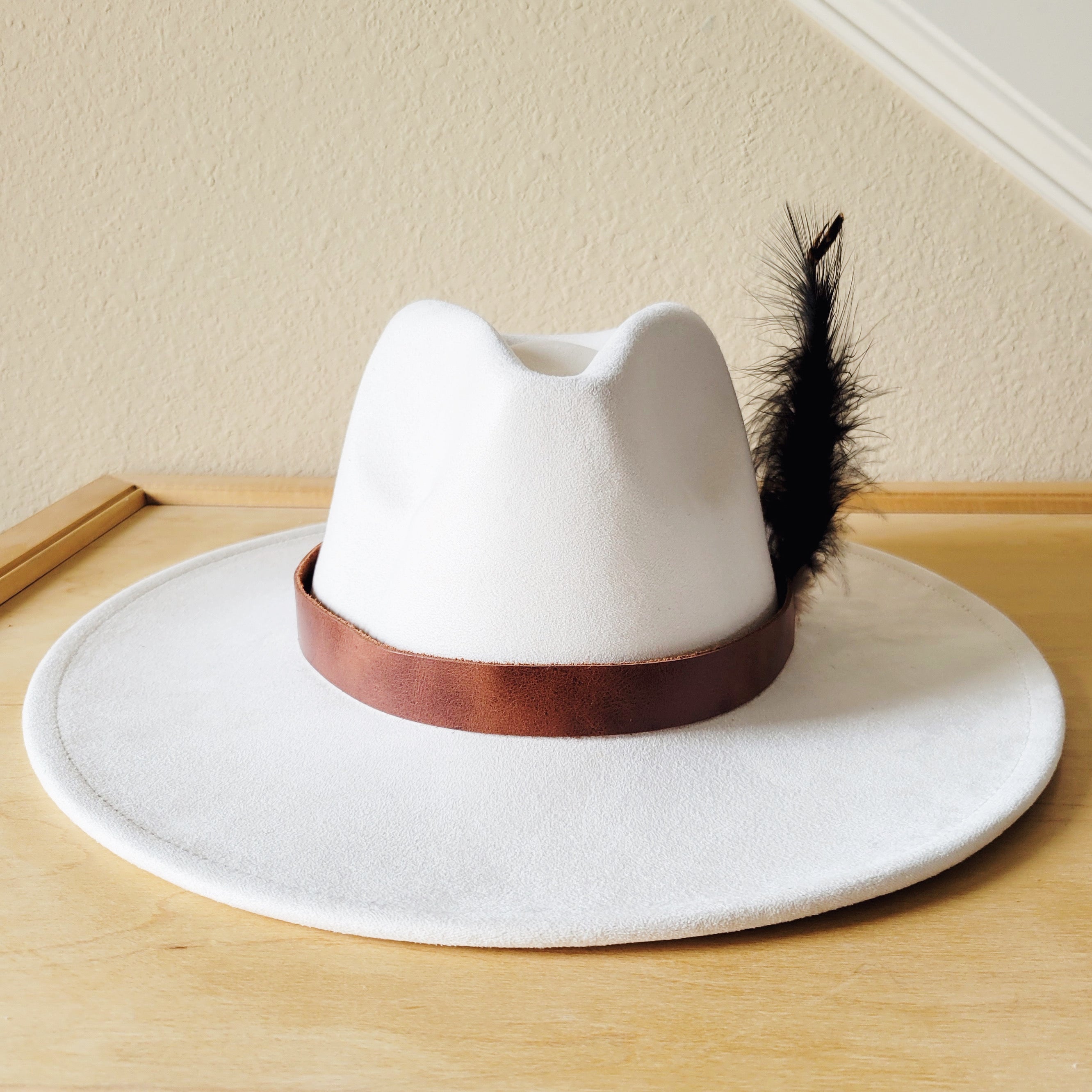 Brown Leather Hat Band with Feather Accents