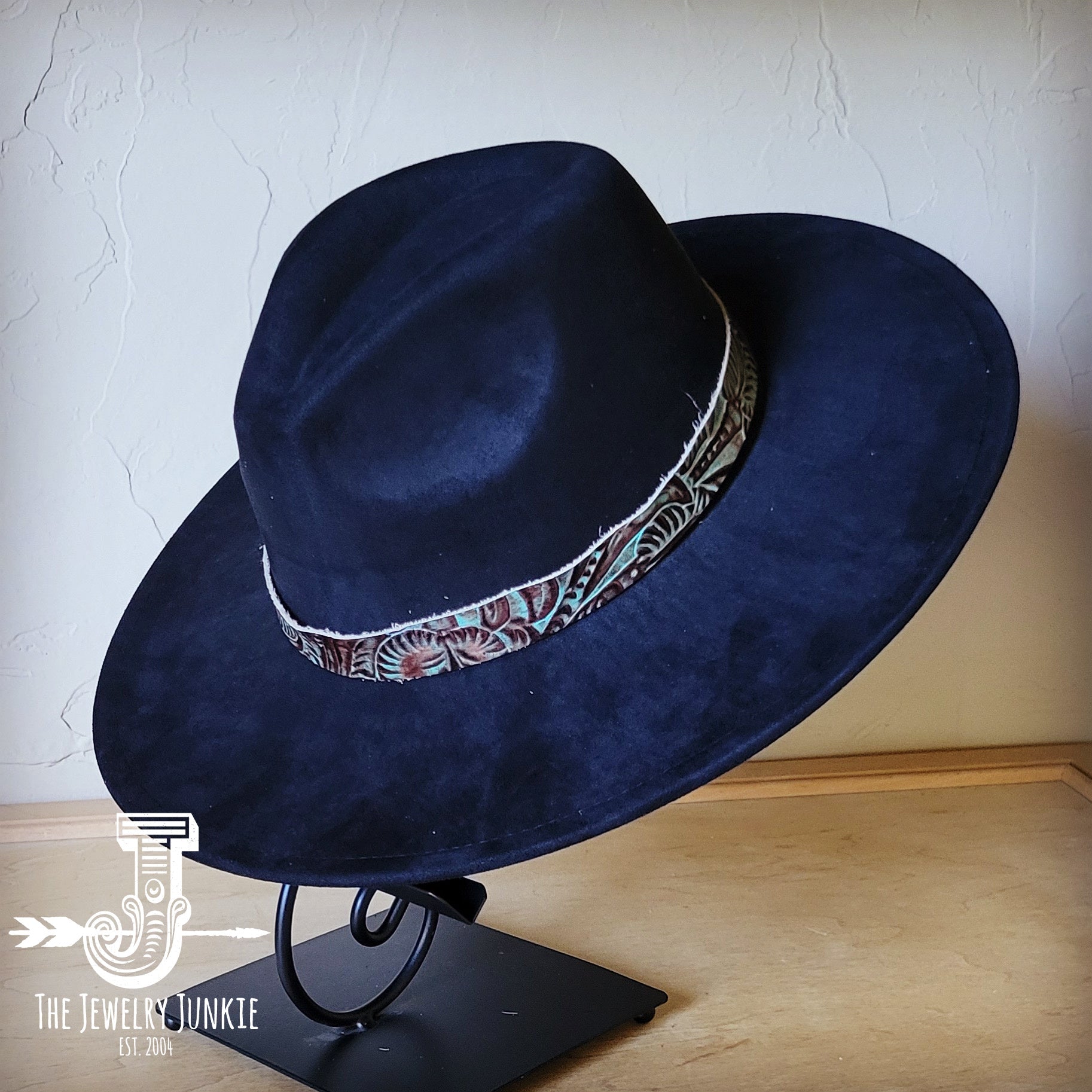 Brown and Turquoise Floral Embossed Leather Hat Band