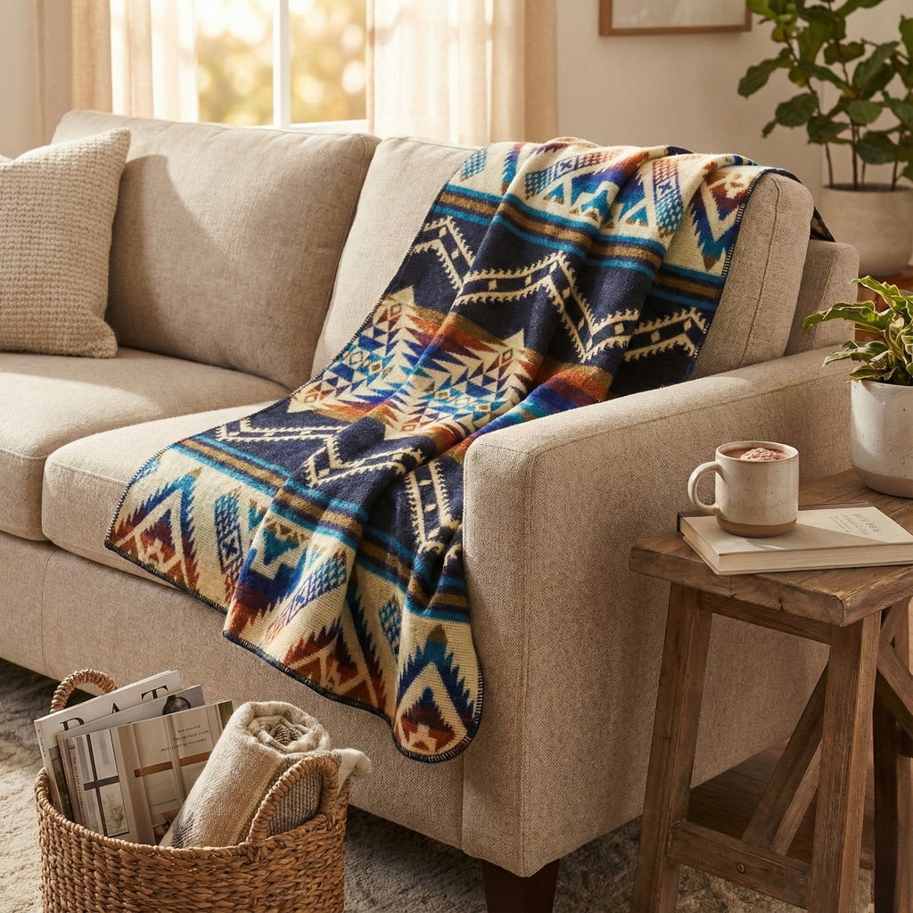 Navy, teal, rust and gold layered geometric alpaca blanket, view 2