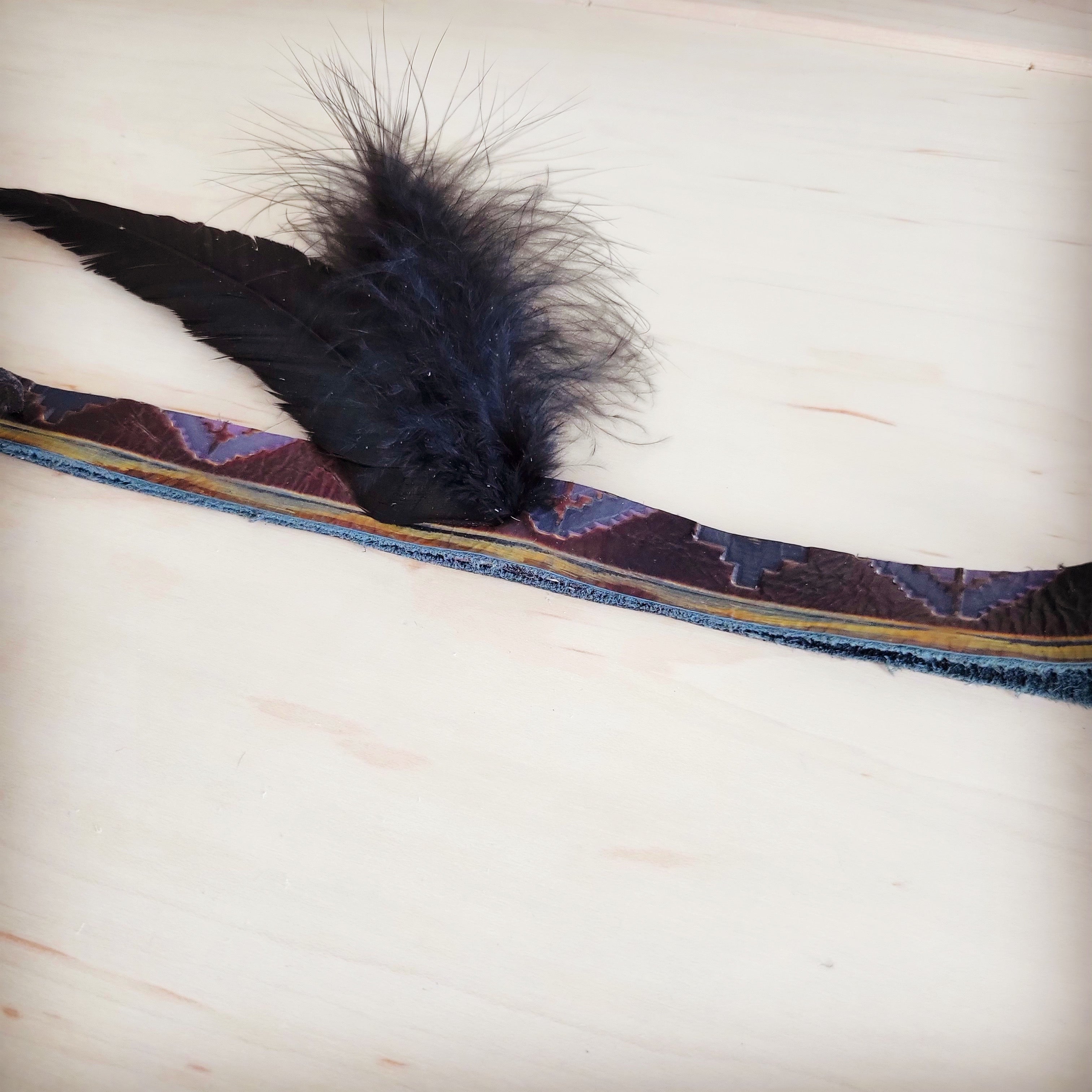 Magenta Navajo Genuine Leather Hat Band with Black Feathers