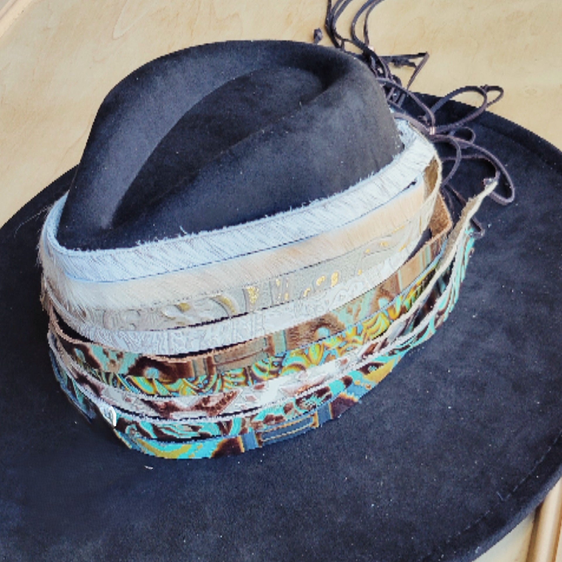 Tan Steer Embossed Leather Hat Band with Turquoise