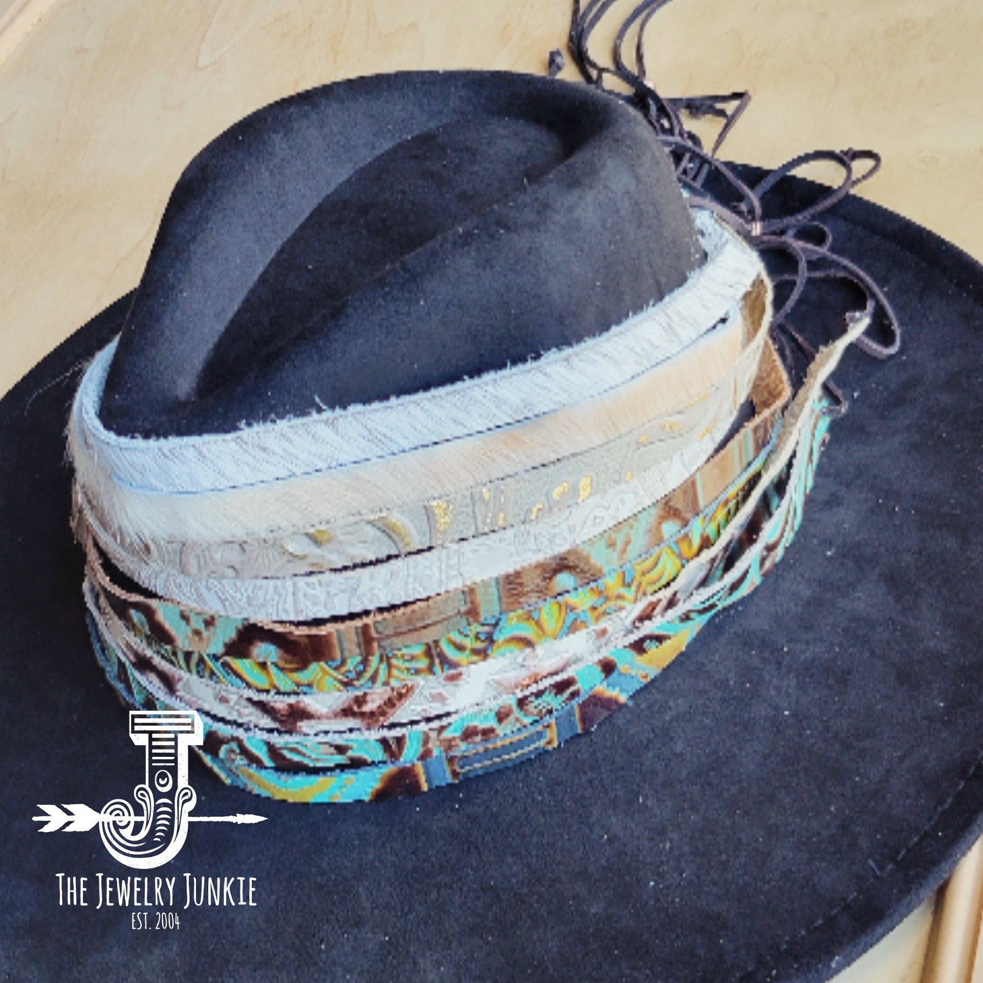 Brown and Turquoise Floral Embossed Leather Hat Band