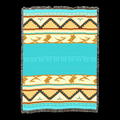 Desert sunset cotton throw blanket with a turquoise center panel, gold and cream bird motif bands and stepped borders, fringed edges
