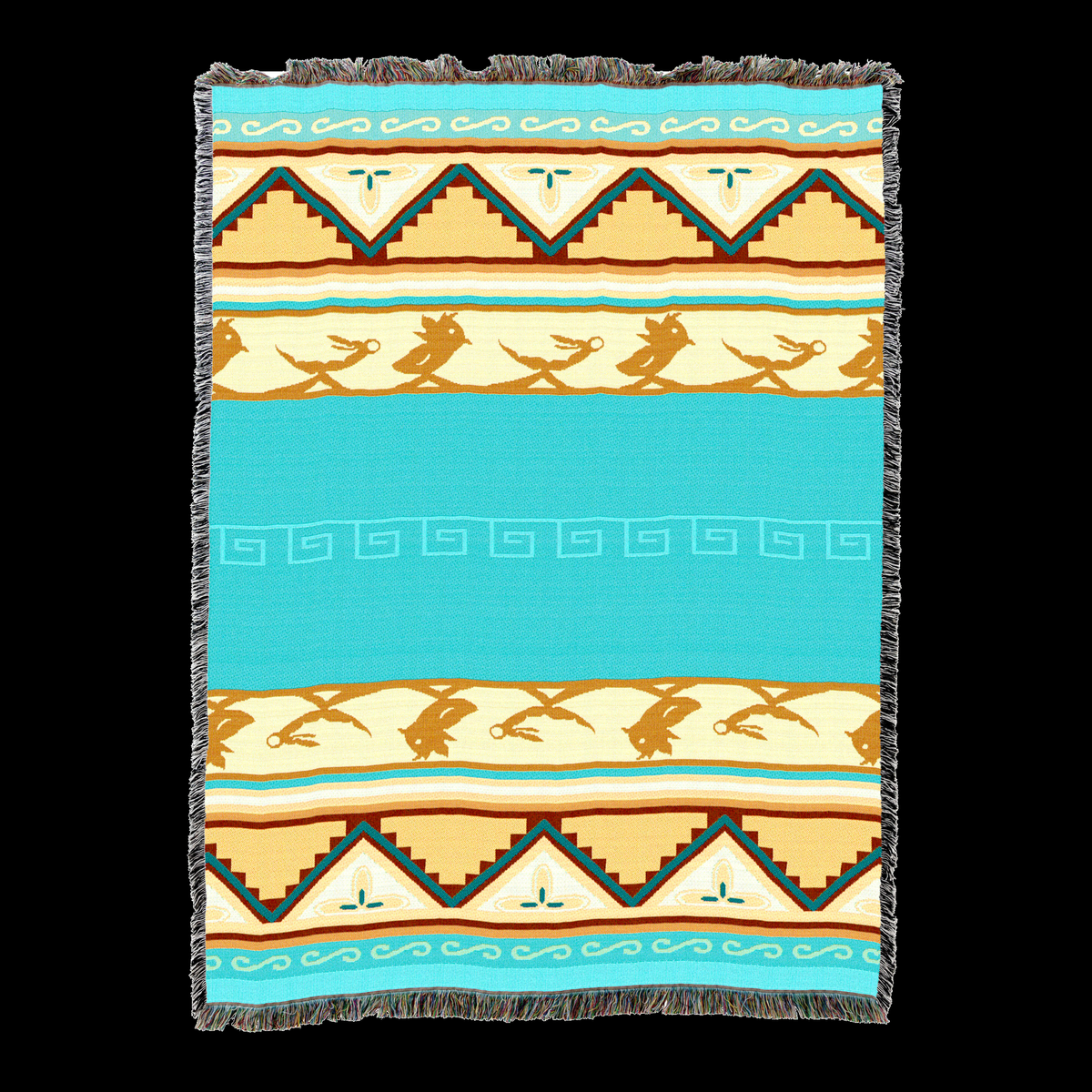 Desert sunset cotton throw blanket with a turquoise center panel, gold and cream bird motif bands and stepped borders, fringed edges