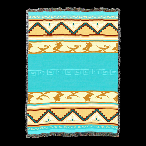 Desert sunset cotton throw blanket with a turquoise center panel, gold and cream bird motif bands and stepped borders, fringed edges