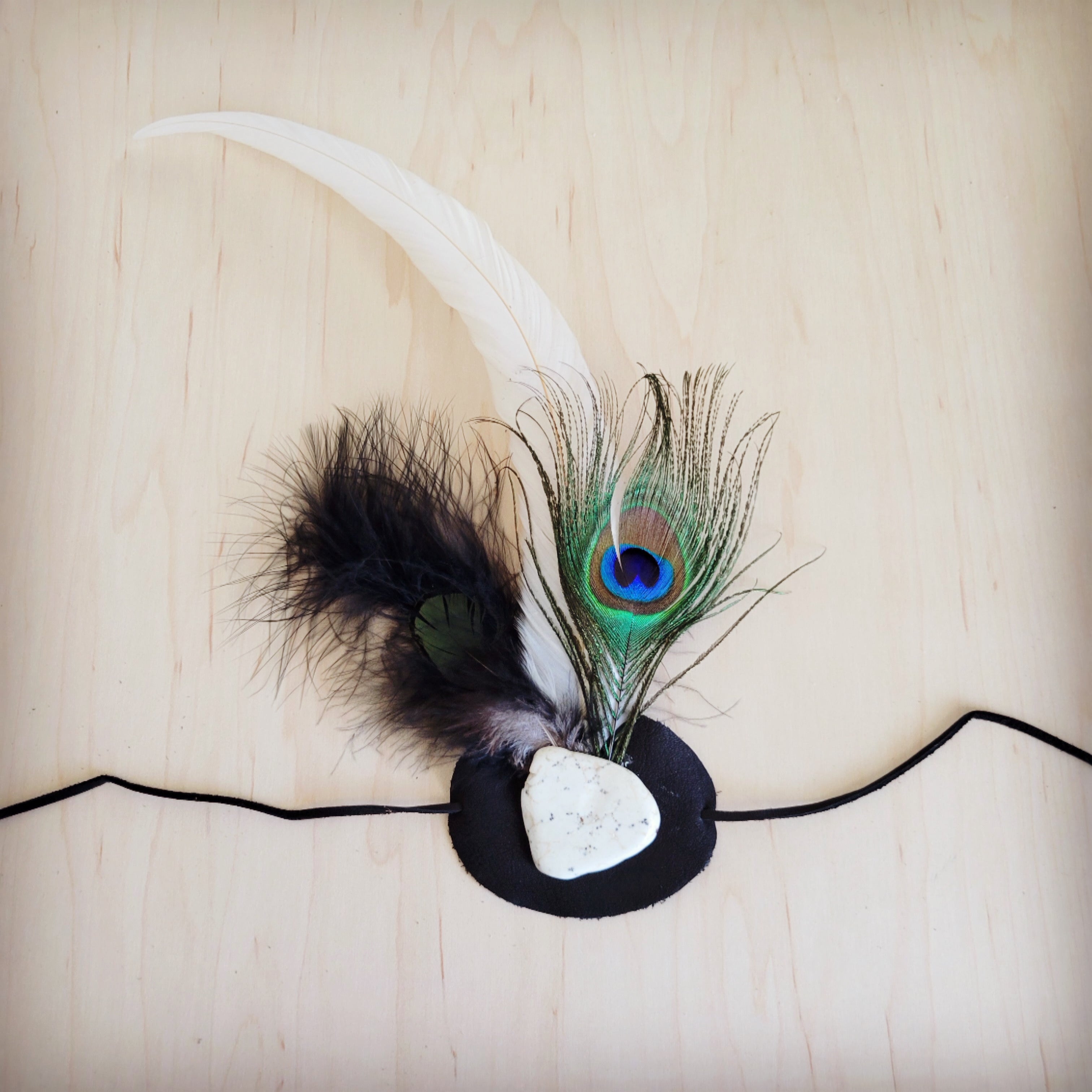 Peacock and White Feather Leather Hat Band with Turquoise
