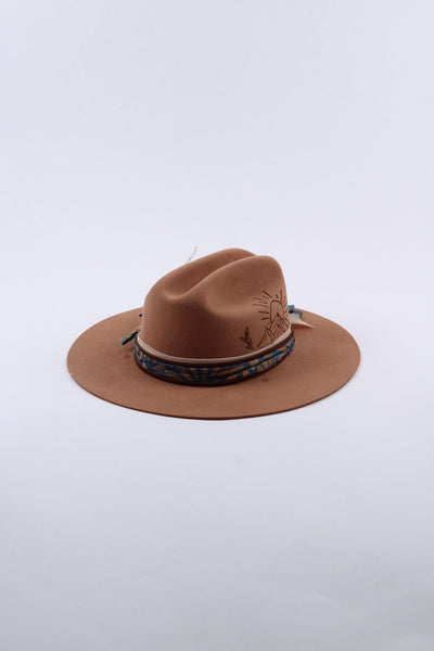 Gypsy Soul tan flat brim wool western hat with hand-burned sunset design