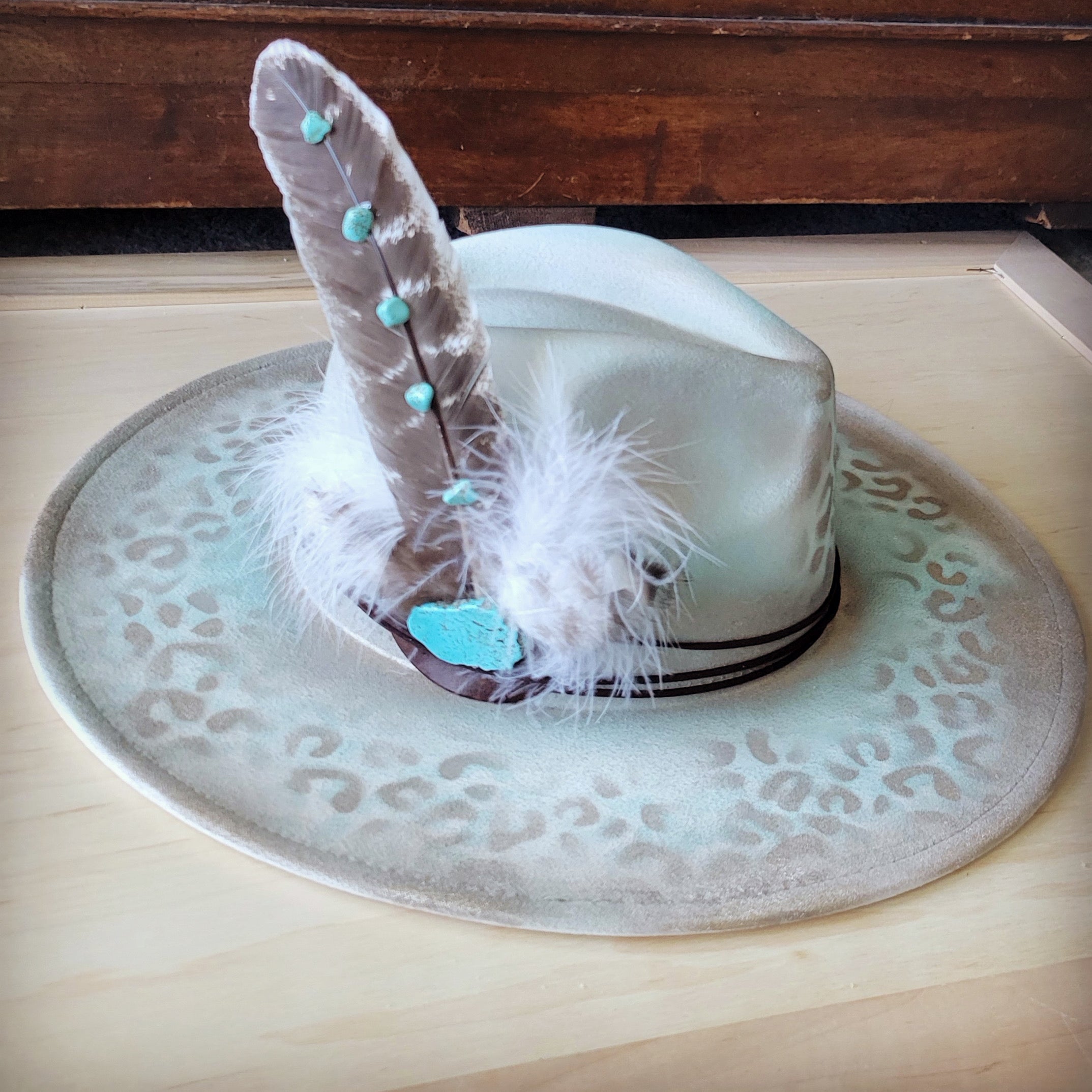 Hand-Painted Leopard Boho Western Cowgirl Hat and Band in Mint