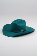 Deep teal turquoise Mustang 30X merino wool cowboy hat with a cattleman crown