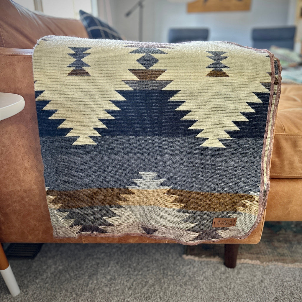 Heathered grey and tan with center diamond alpaca blanket, view 2