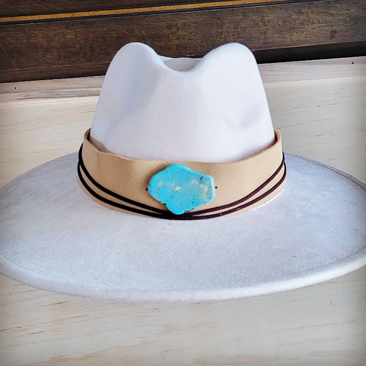 Bone suede hat band with a turquoise-look slab, additional view