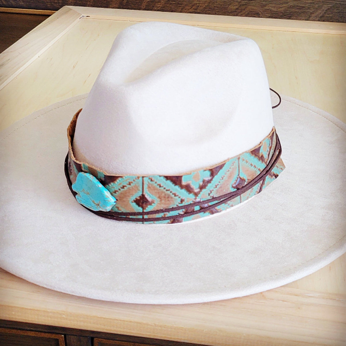 Southwest print tooled leather hat band with a turquoise-look slab, additional view