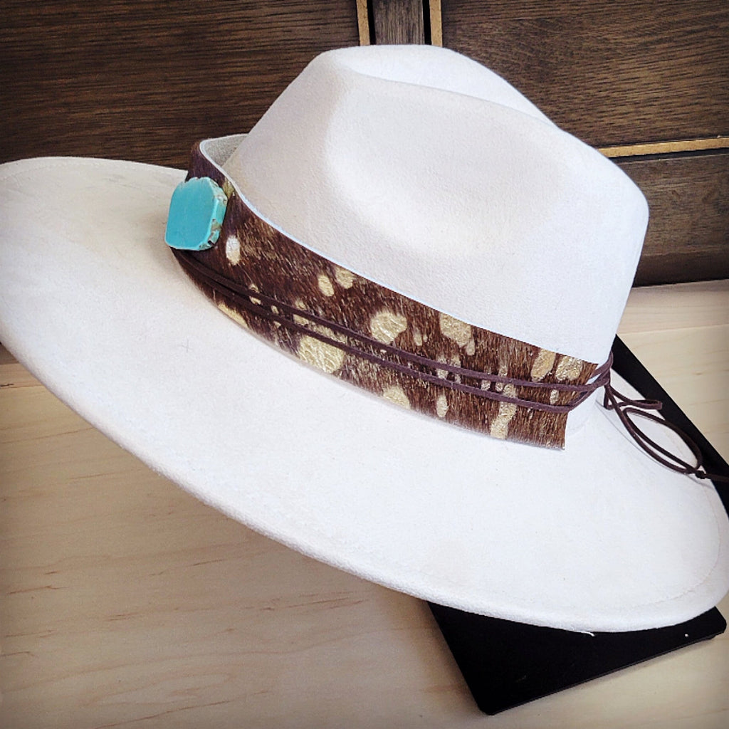 Gold metallic hair-on-hide hat band with a turquoise-look slab, additional view