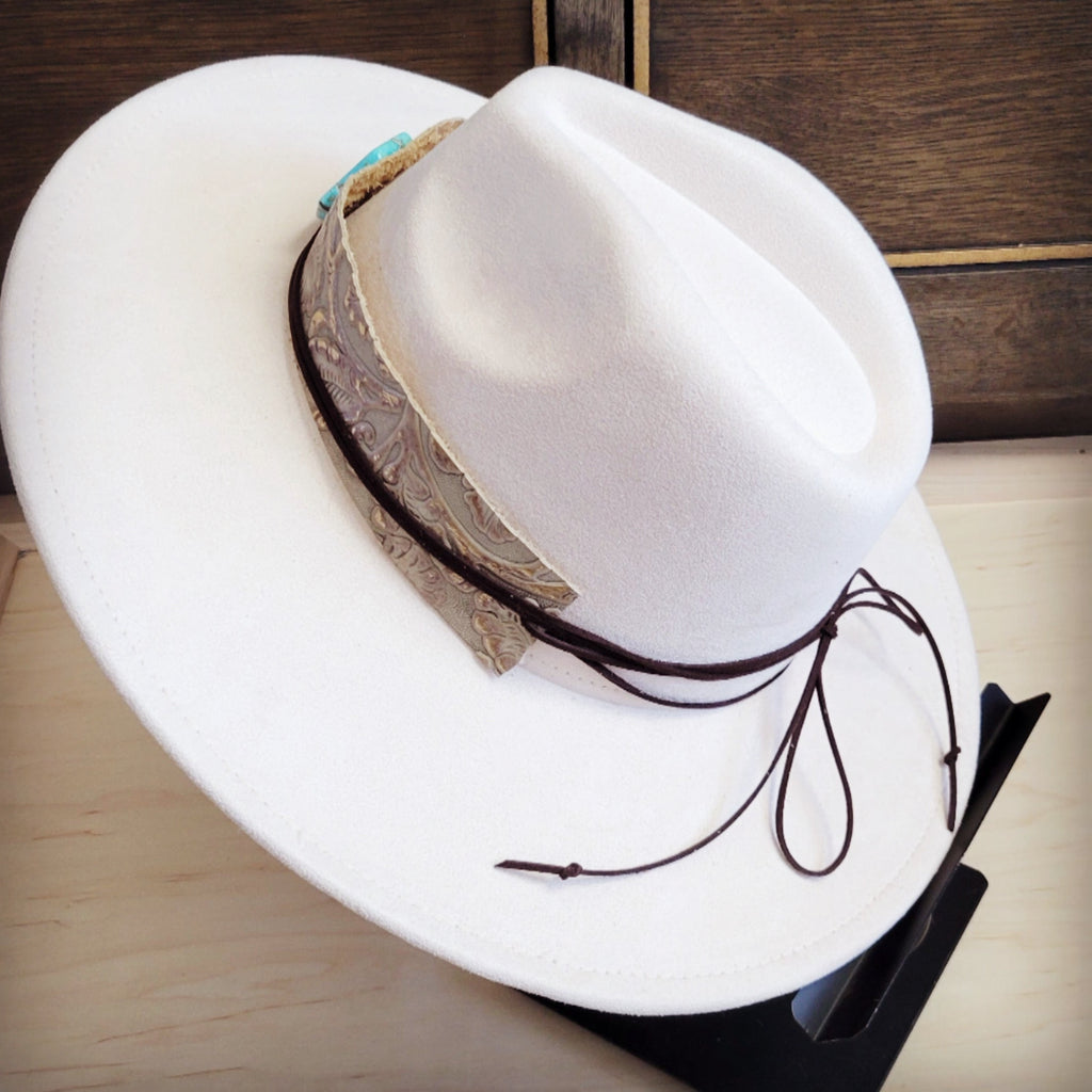 Pearl floral tooled leather hat band with a turquoise-look slab, additional view