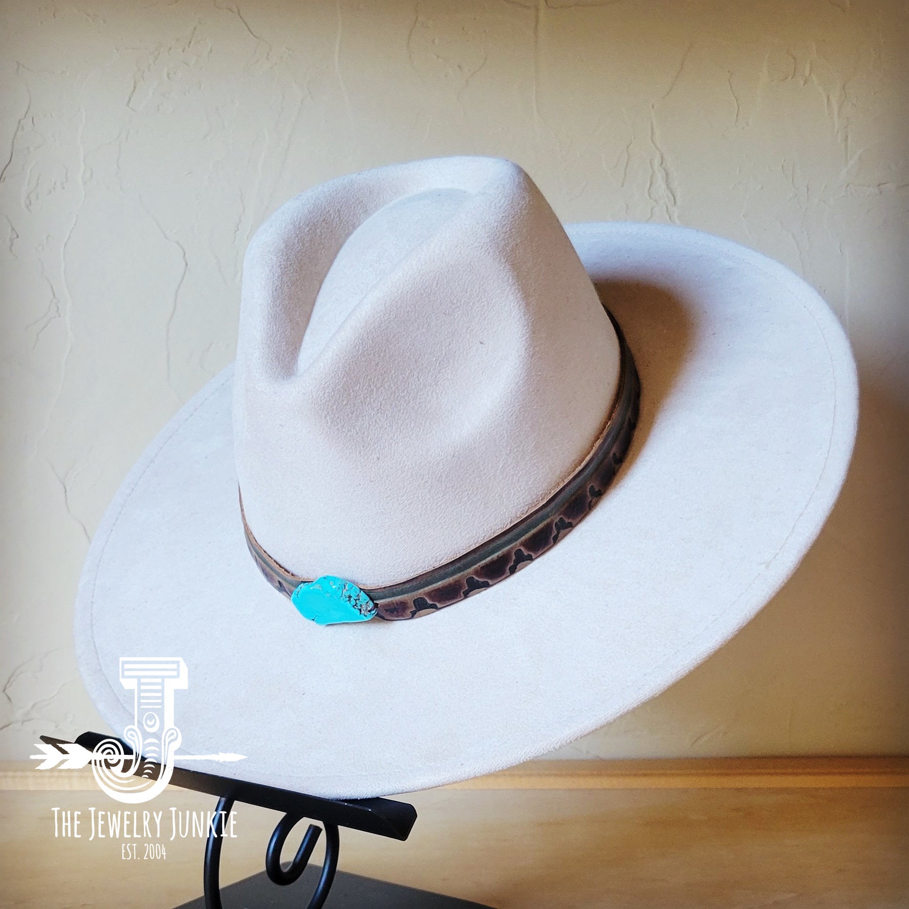 Navajo Embossed Leather Hat Band with Turquoise Slab