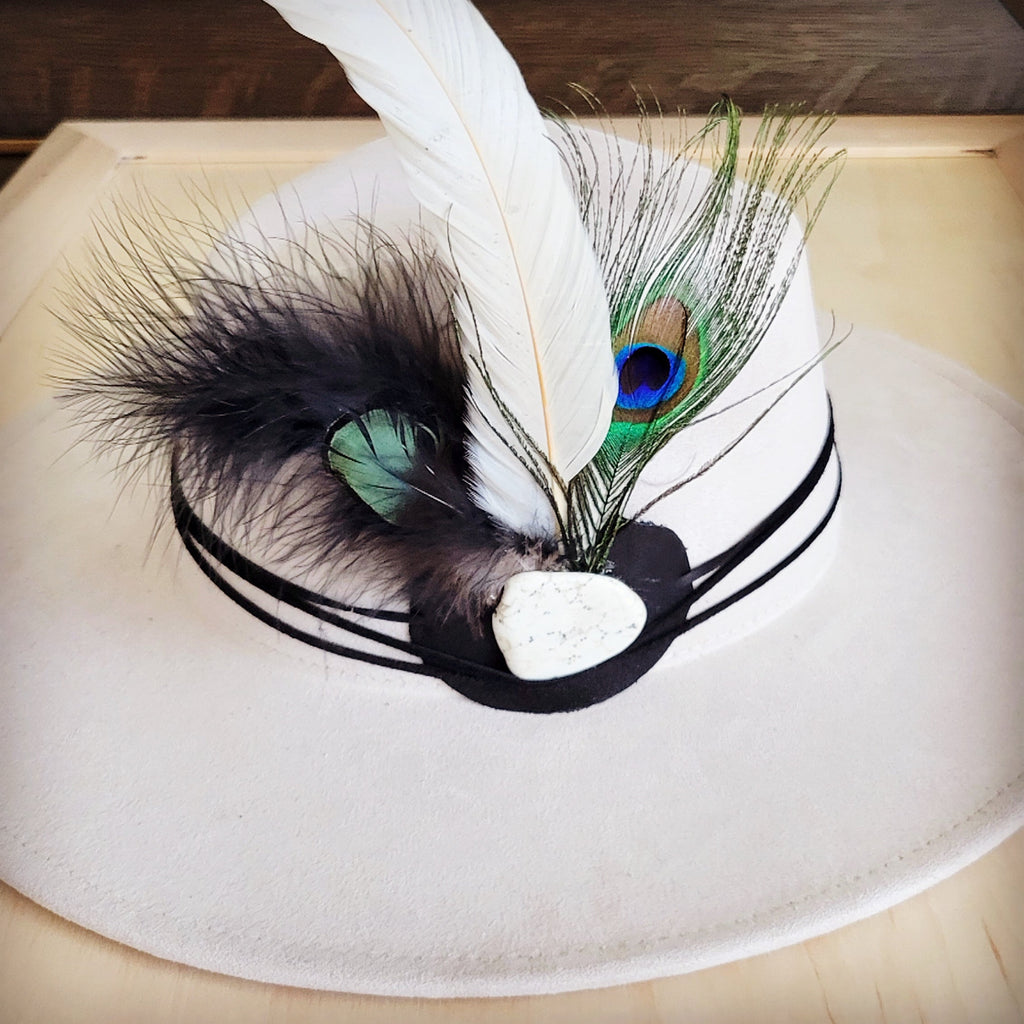 Peacock and White Feather Leather Hat Band with Turquoise