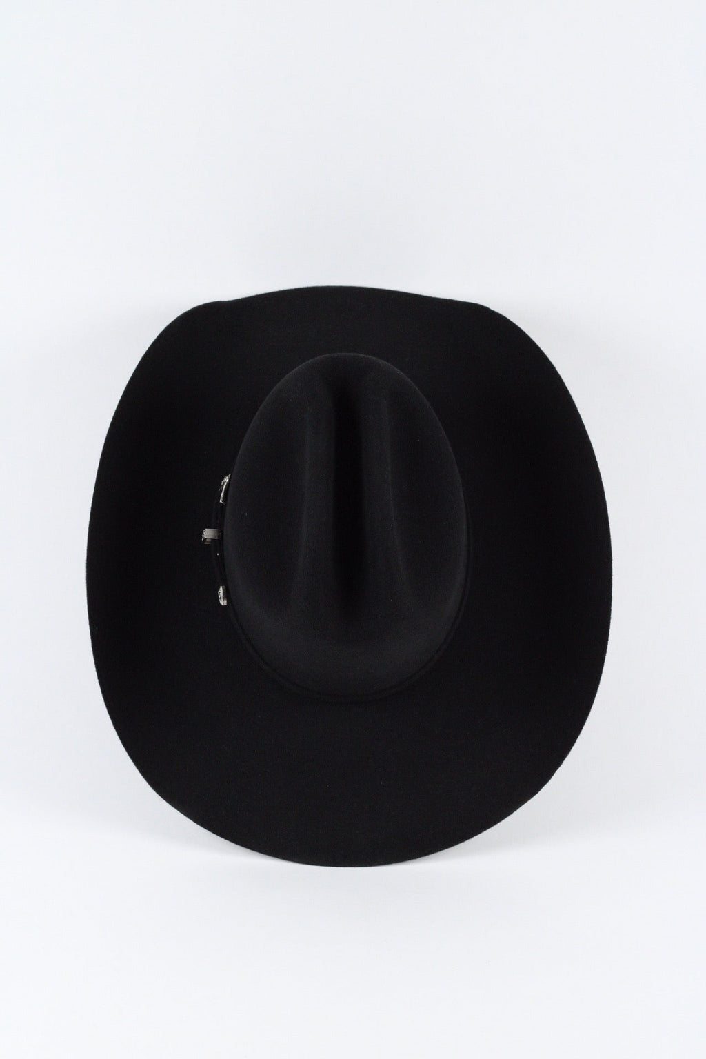 Top view of the black Wren cowboy hat showing the creased cattleman crown and silver-tone buckle