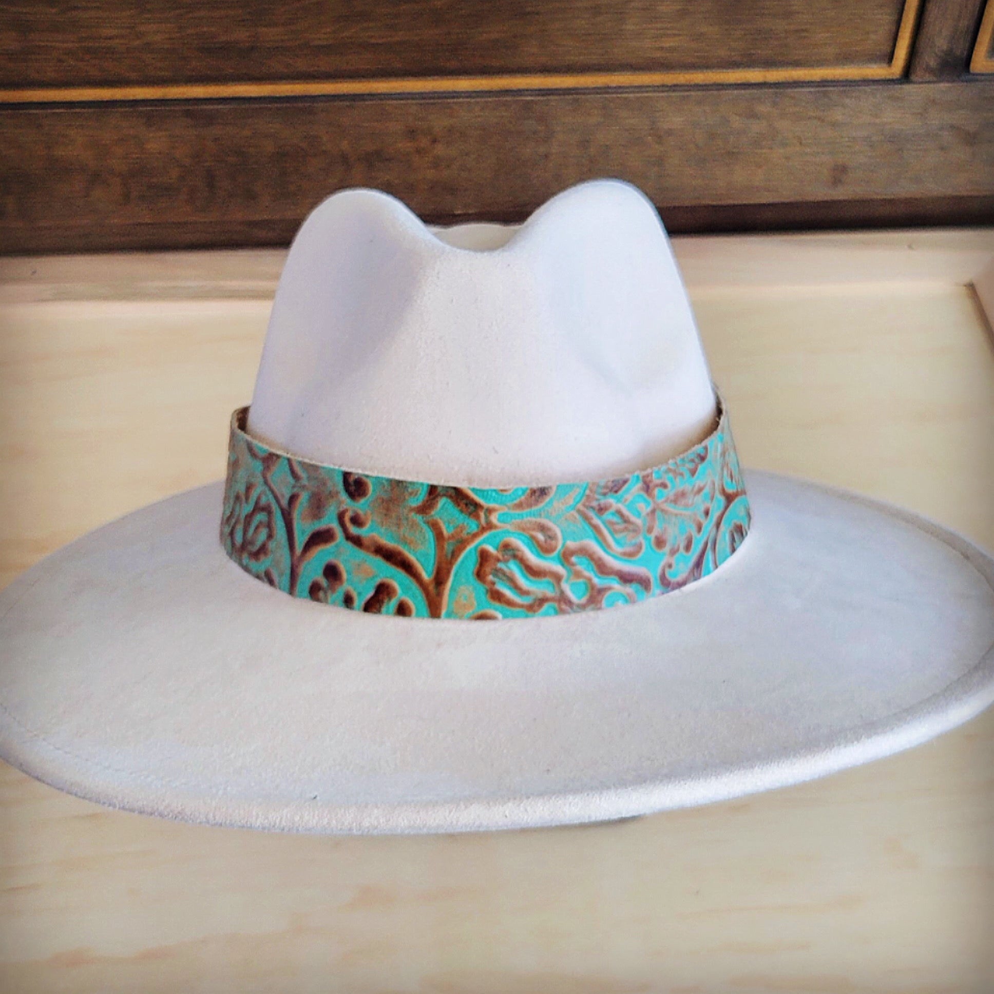 Wide Genuine Leather Cowboy Hat Band with Turquoise