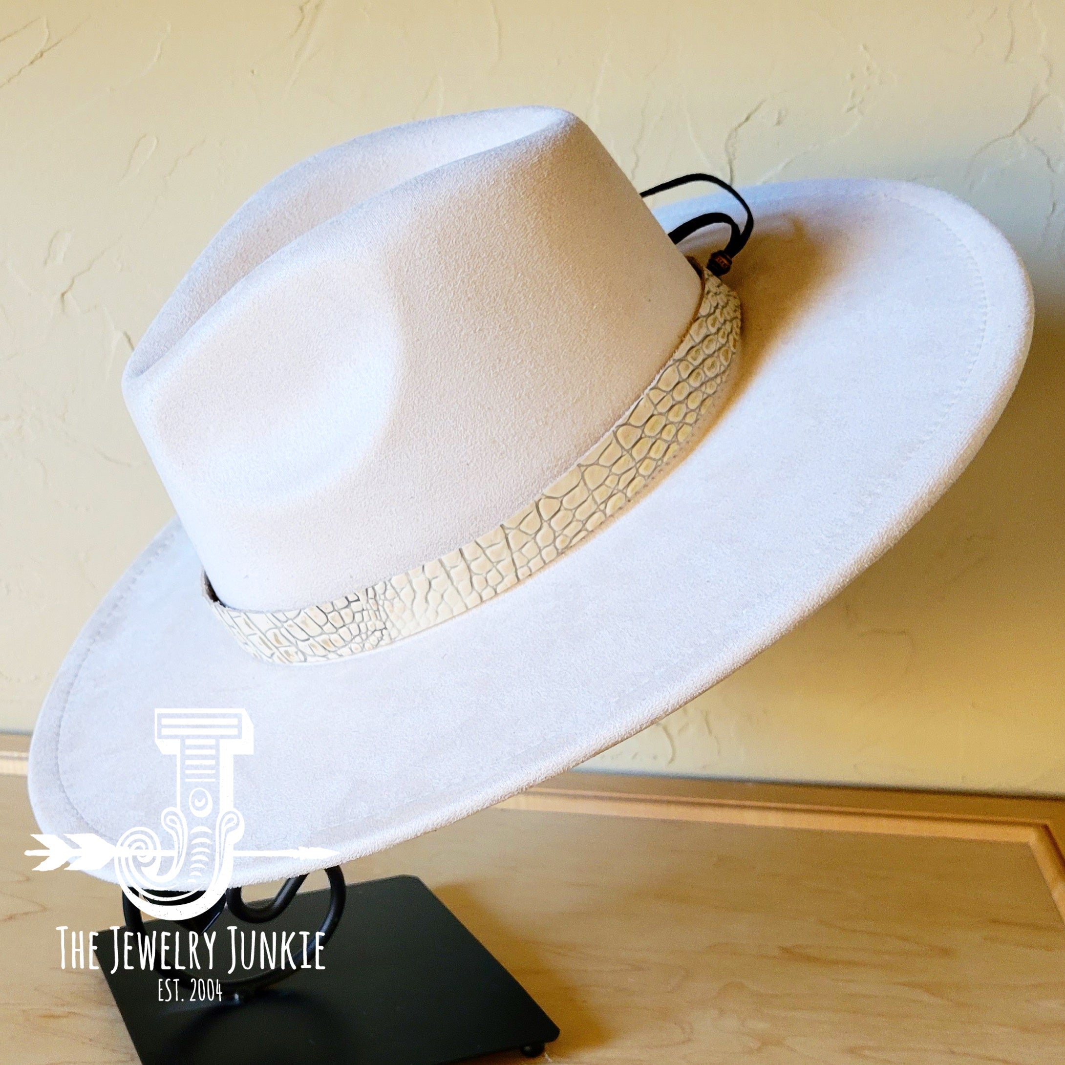 White and Gold Gator Embossed Leather Hat Band with Turquoise Slab