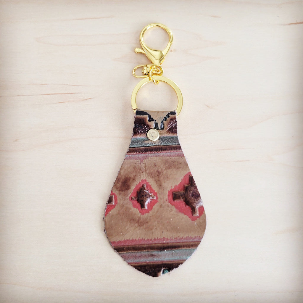 Red and tan southwest print hair-on-hide leather key chain with gold hardware