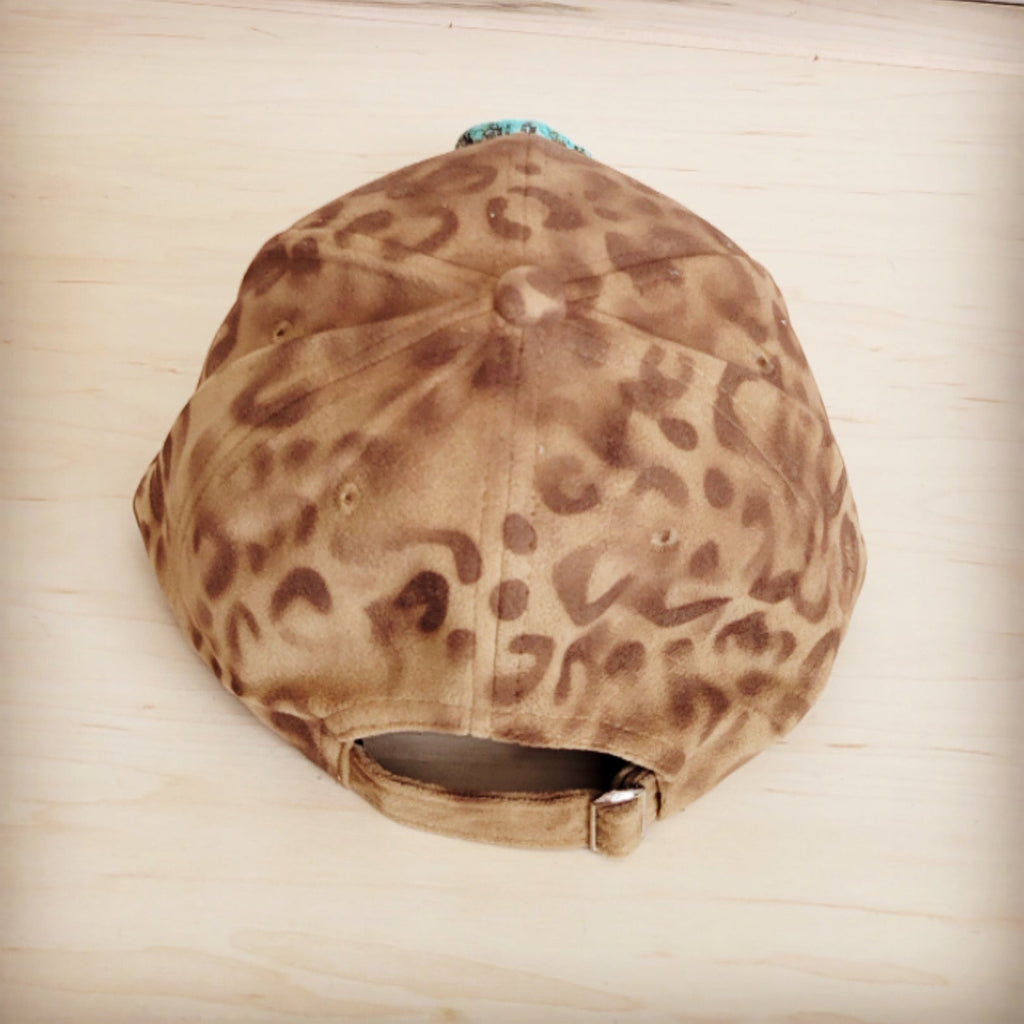 Hand-Painted Leopard Suede Baseball Cap in Tan with Turquoise