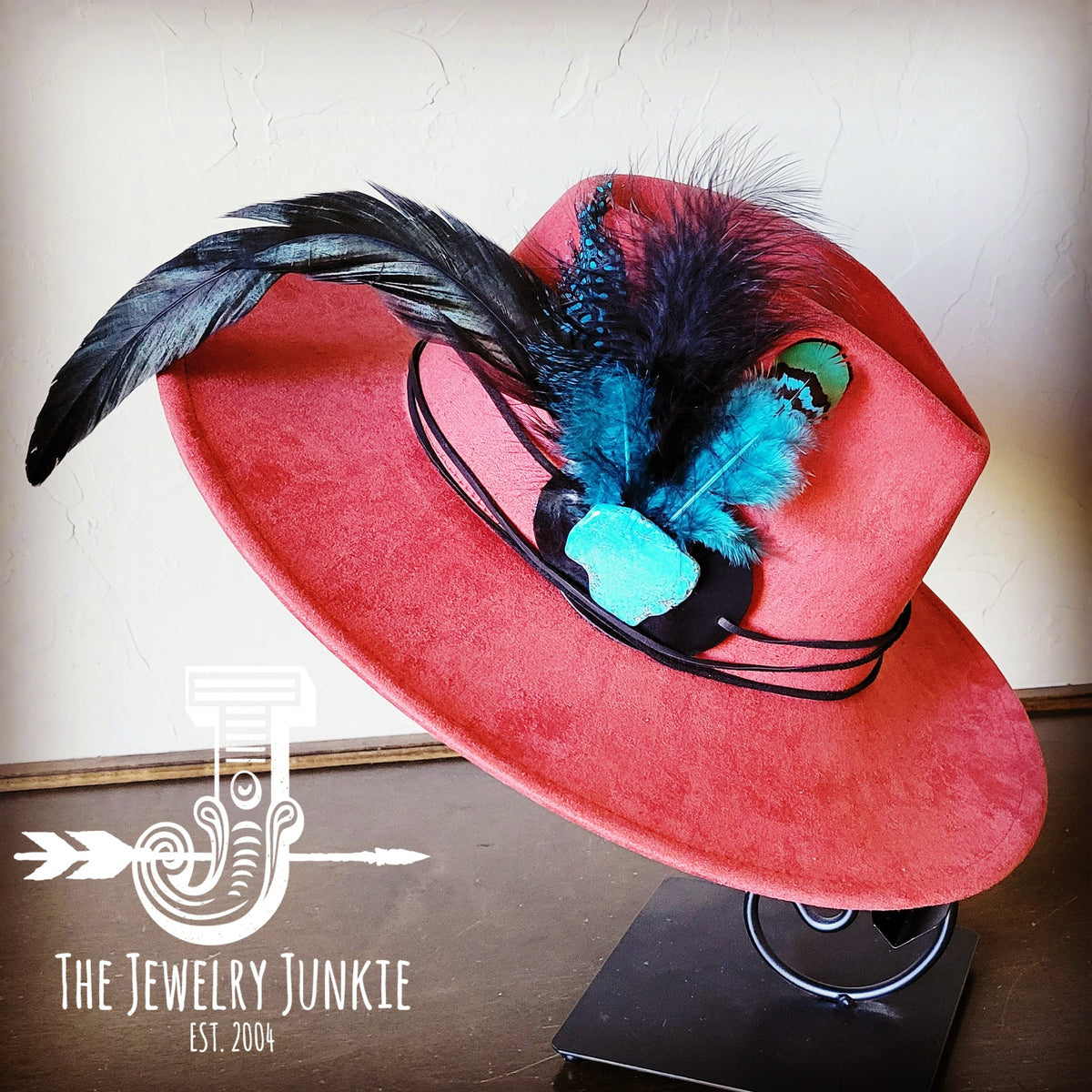 Marabou feather hat band with turquoise slab, additional view