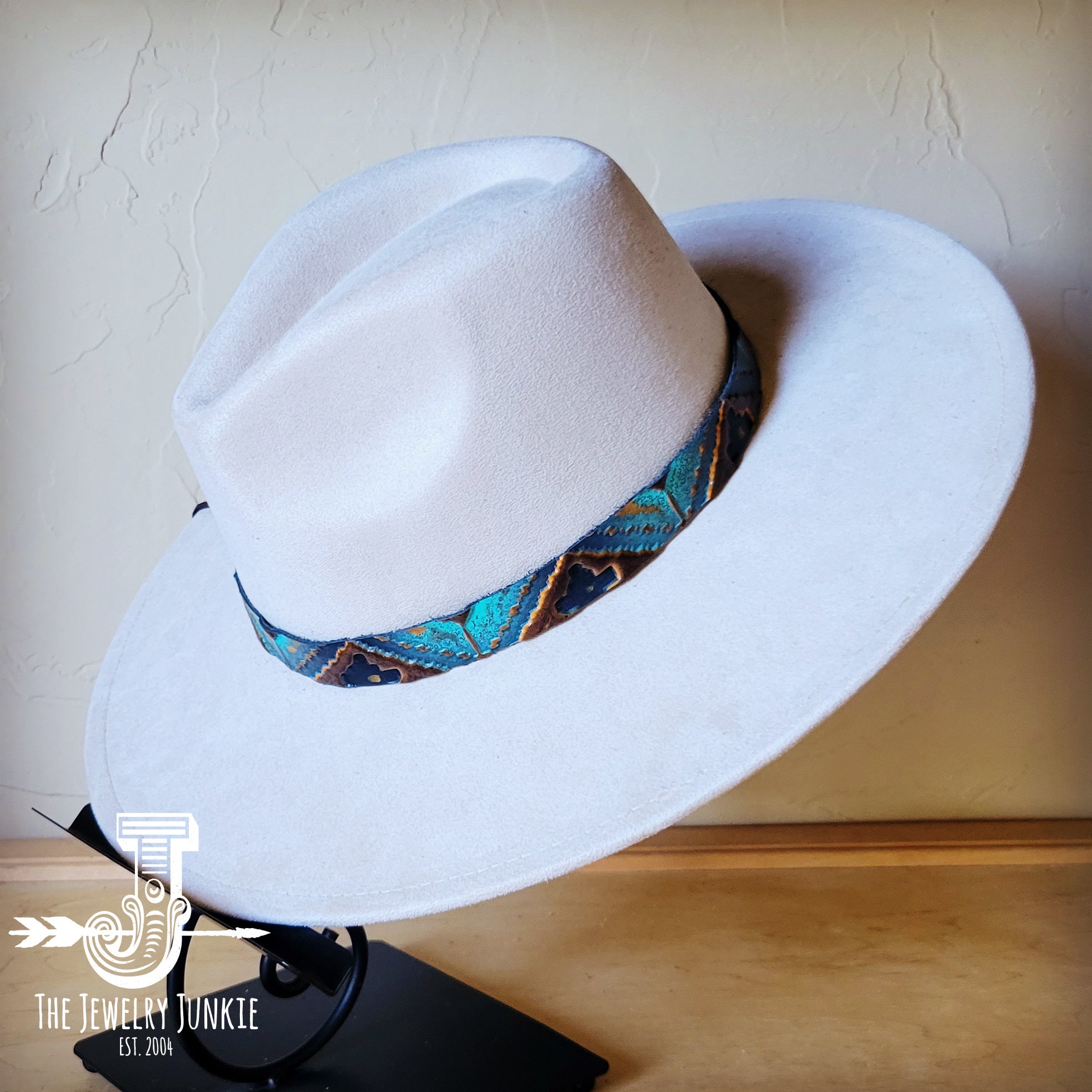 Blue Navajo embossed leather hat band for western hats