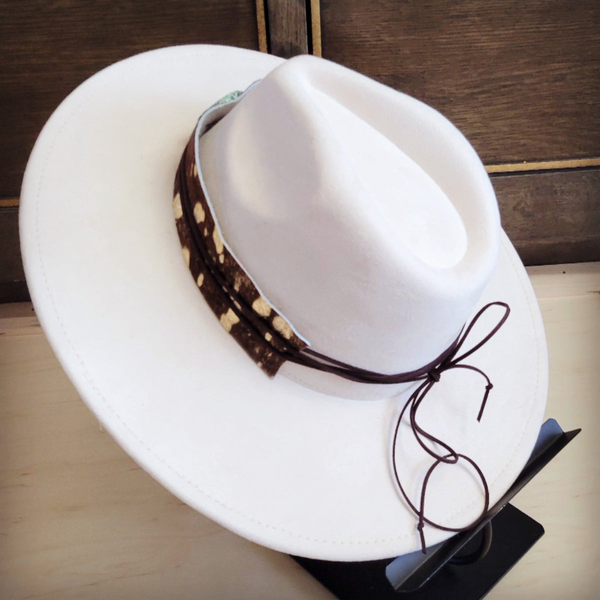 Gold metallic hair-on-hide hat band with a turquoise-look slab, additional view